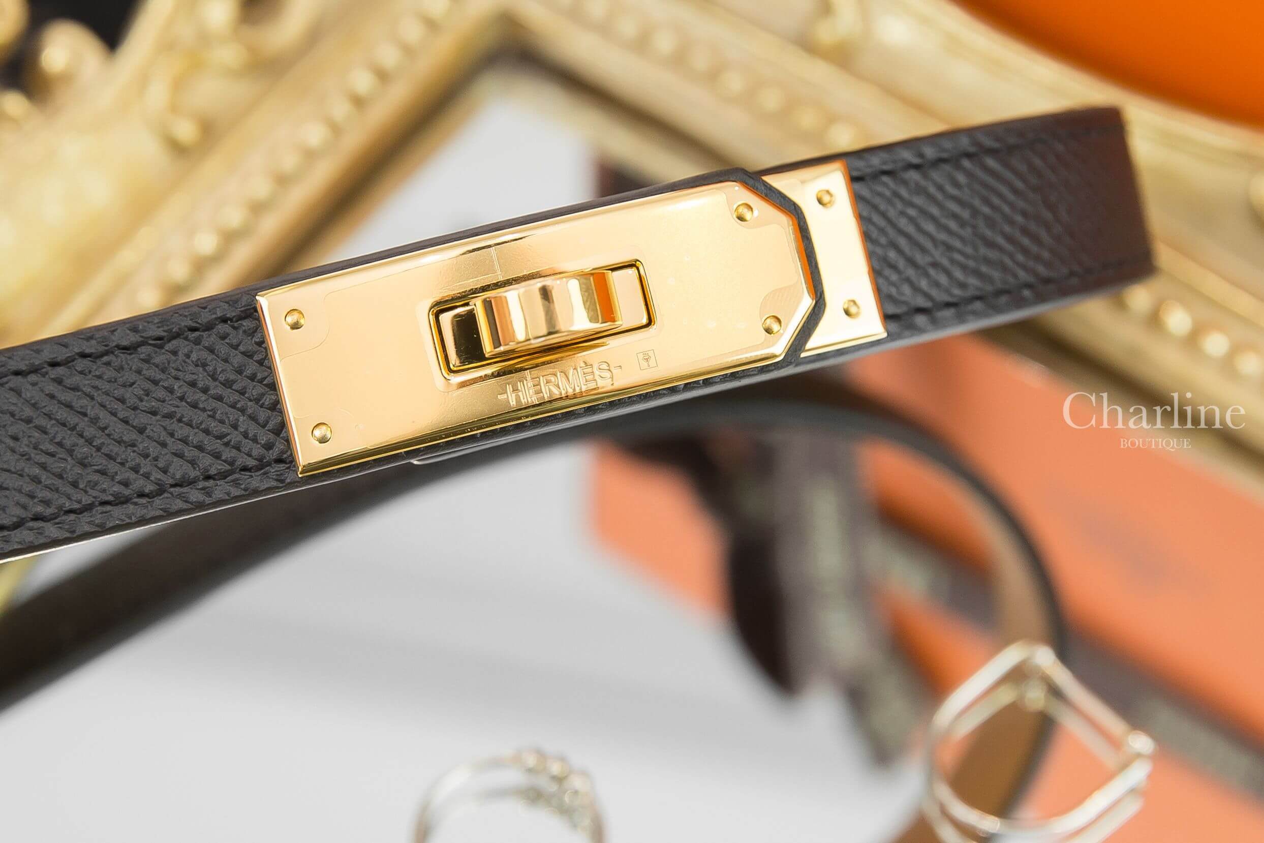 Hermès Kelly 18 Belt 黑色小牛皮金扣可調式皮帶