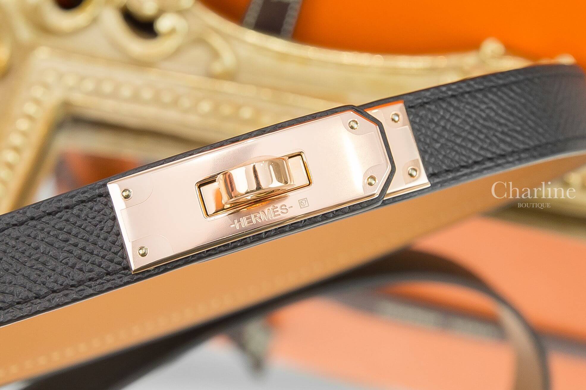 Hermès Kelly 18 Belt 黑色小牛皮玫瑰金扣可調式皮帶