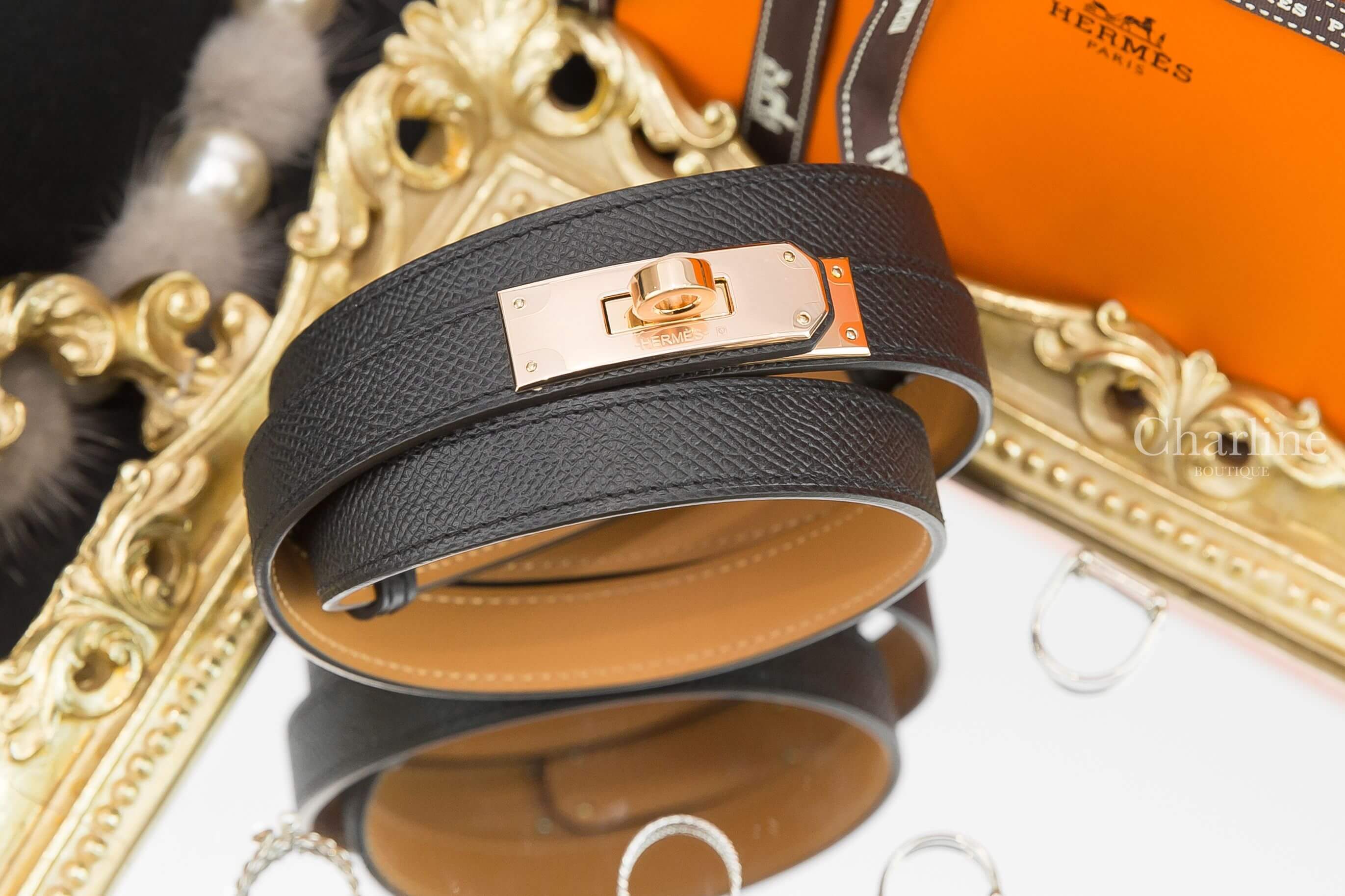 Hermès Kelly 18 Belt 黑色小牛皮玫瑰金扣可調式皮帶