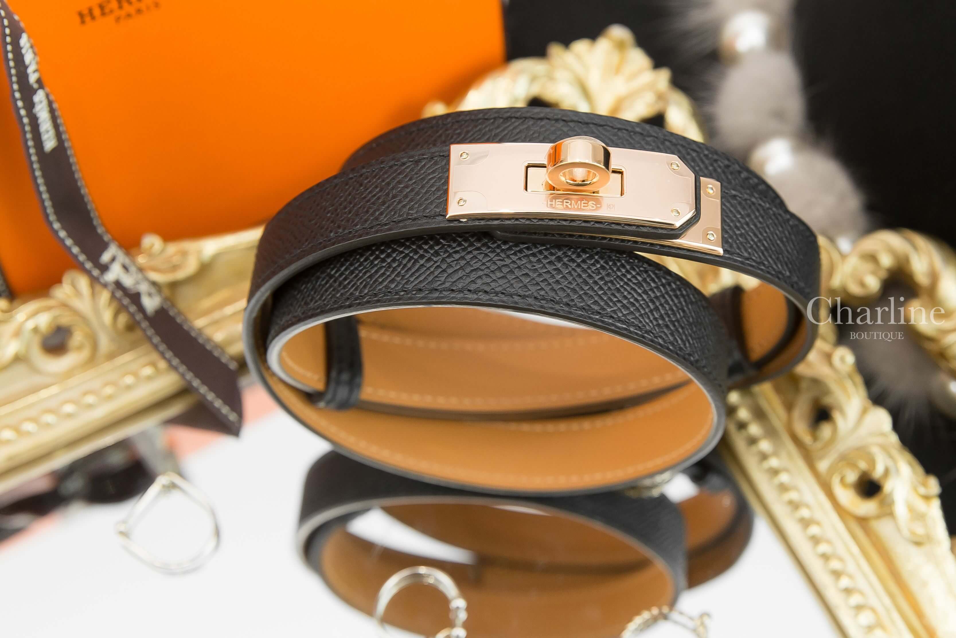 Hermès Kelly 18 Belt 黑色牛皮玫瑰金扣可調式皮帶-Charline Boutique 精品代購