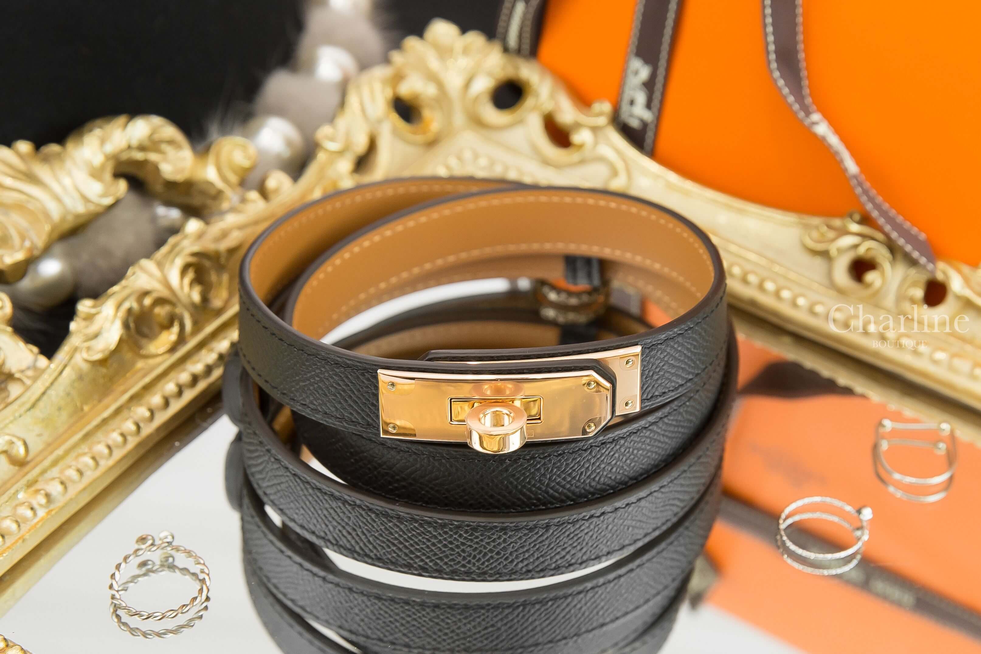Hermès Kelly 18 Belt 黑色牛皮玫瑰金扣可調式皮帶-Charline Boutique 精品代購