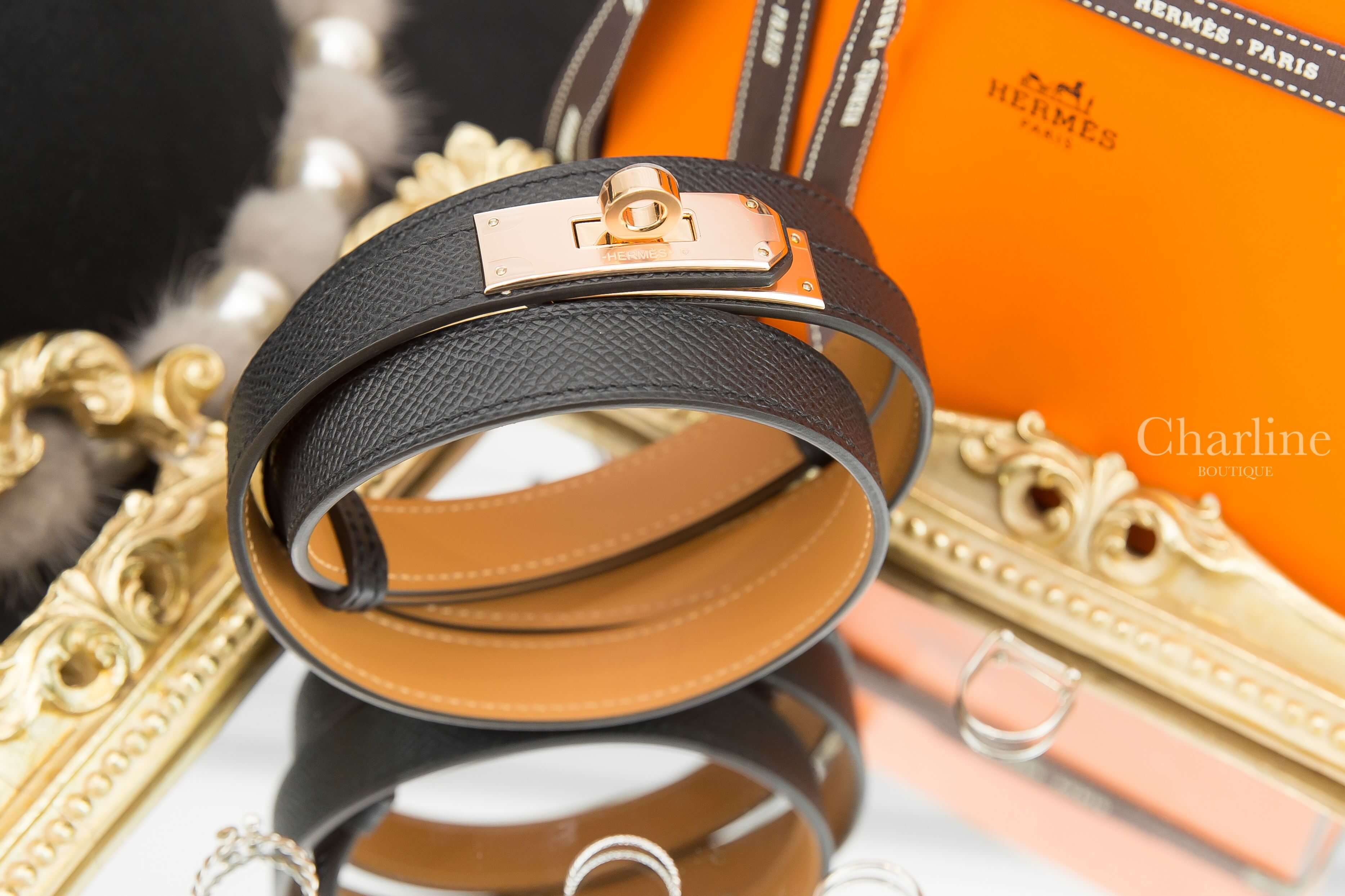 Hermès Kelly 18 Belt 黑色牛皮玫瑰金扣可調式皮帶-Charline Boutique 精品代購