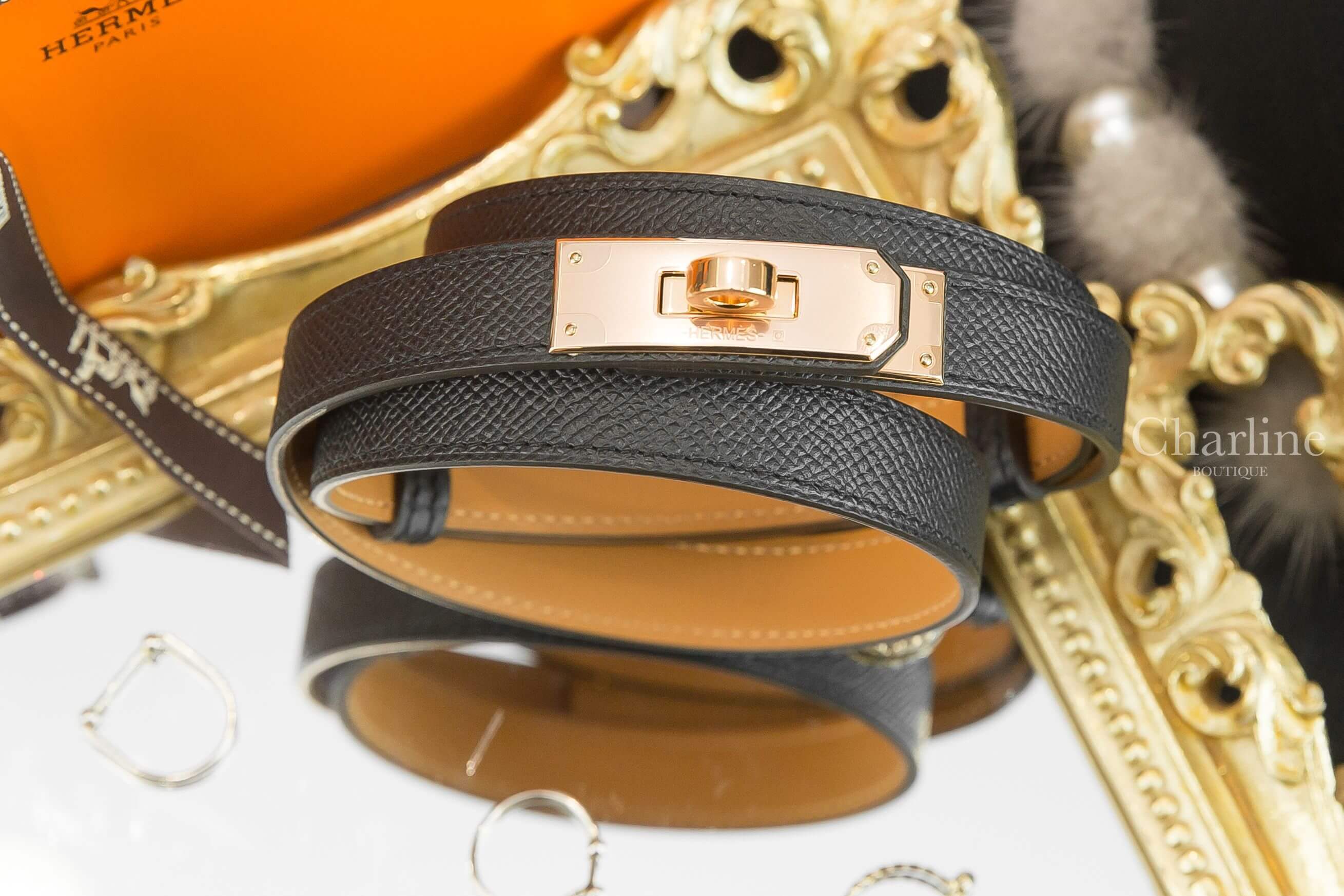 Hermès Kelly 18 Belt 黑色牛皮玫瑰金扣可調式皮帶-Charline Boutique 精品代購