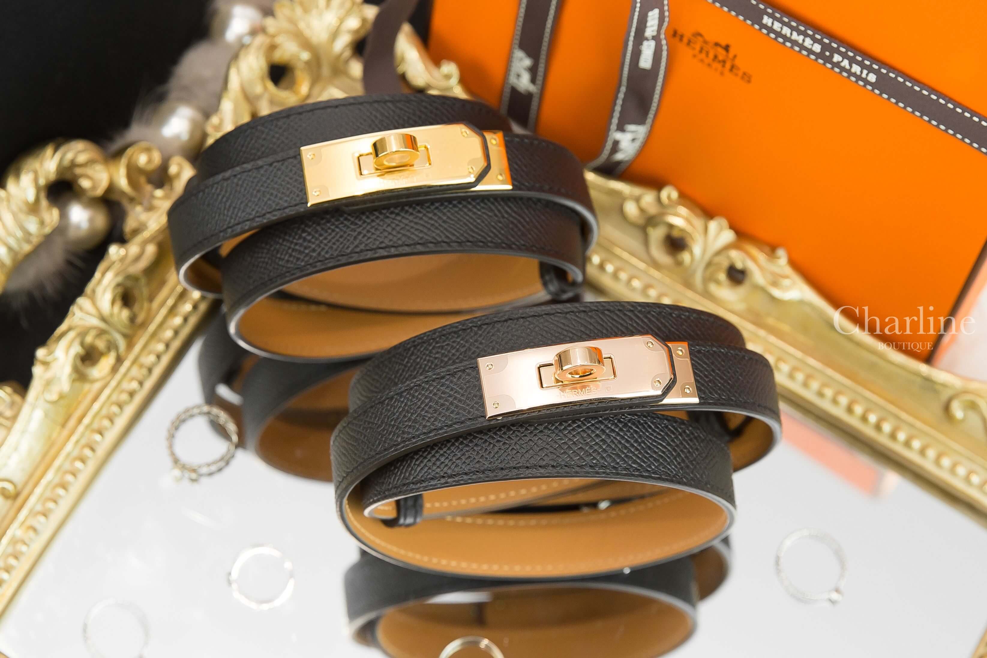 Hermès Kelly 18 Belt 黑色牛皮金扣可調式皮帶,Hermès Kelly 18 Belt 黑色牛皮玫瑰金扣可調式皮帶-Charline Boutique 精品代購