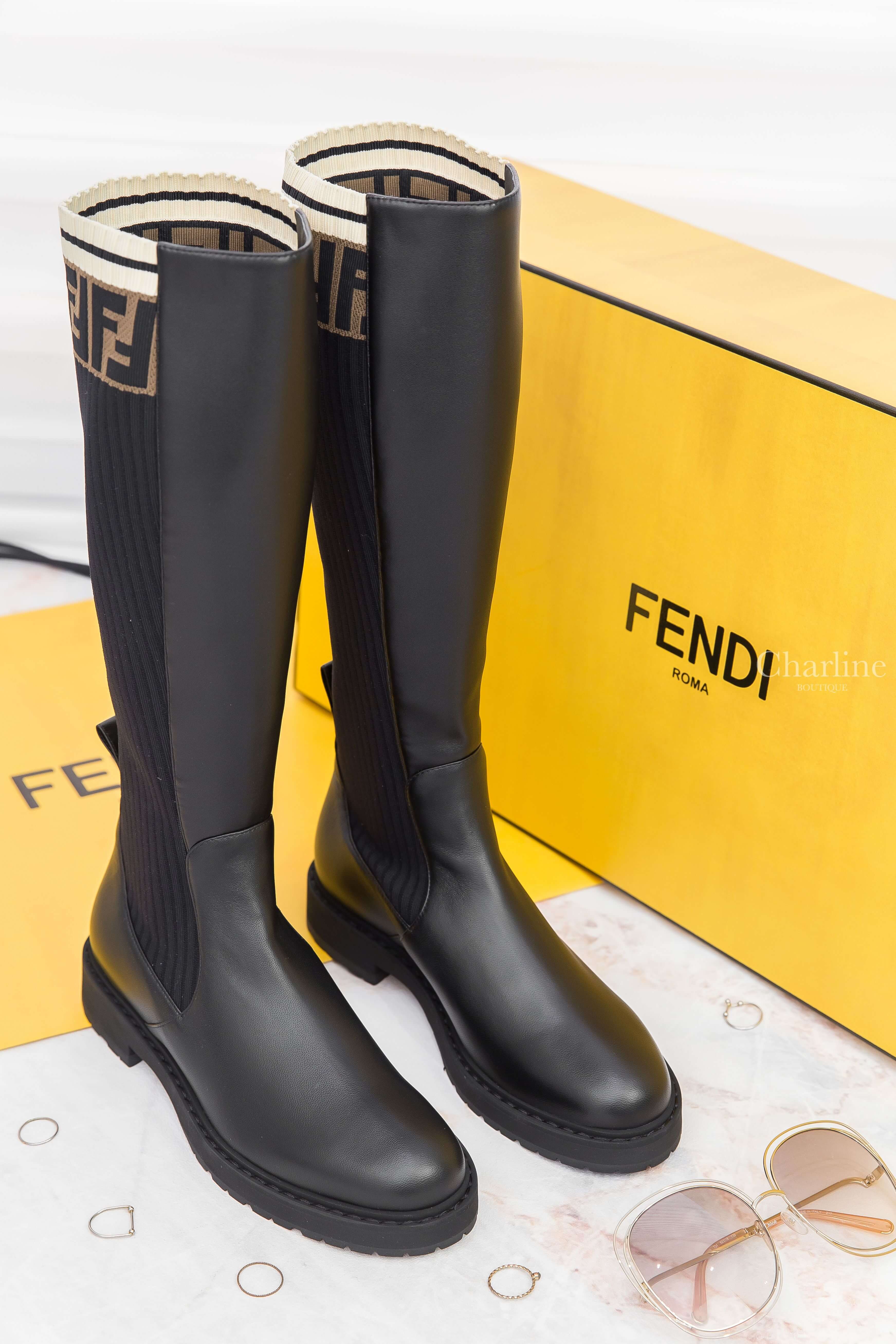 Fendi Boots 黑色小牛皮拼接咖啡色FF針織長靴