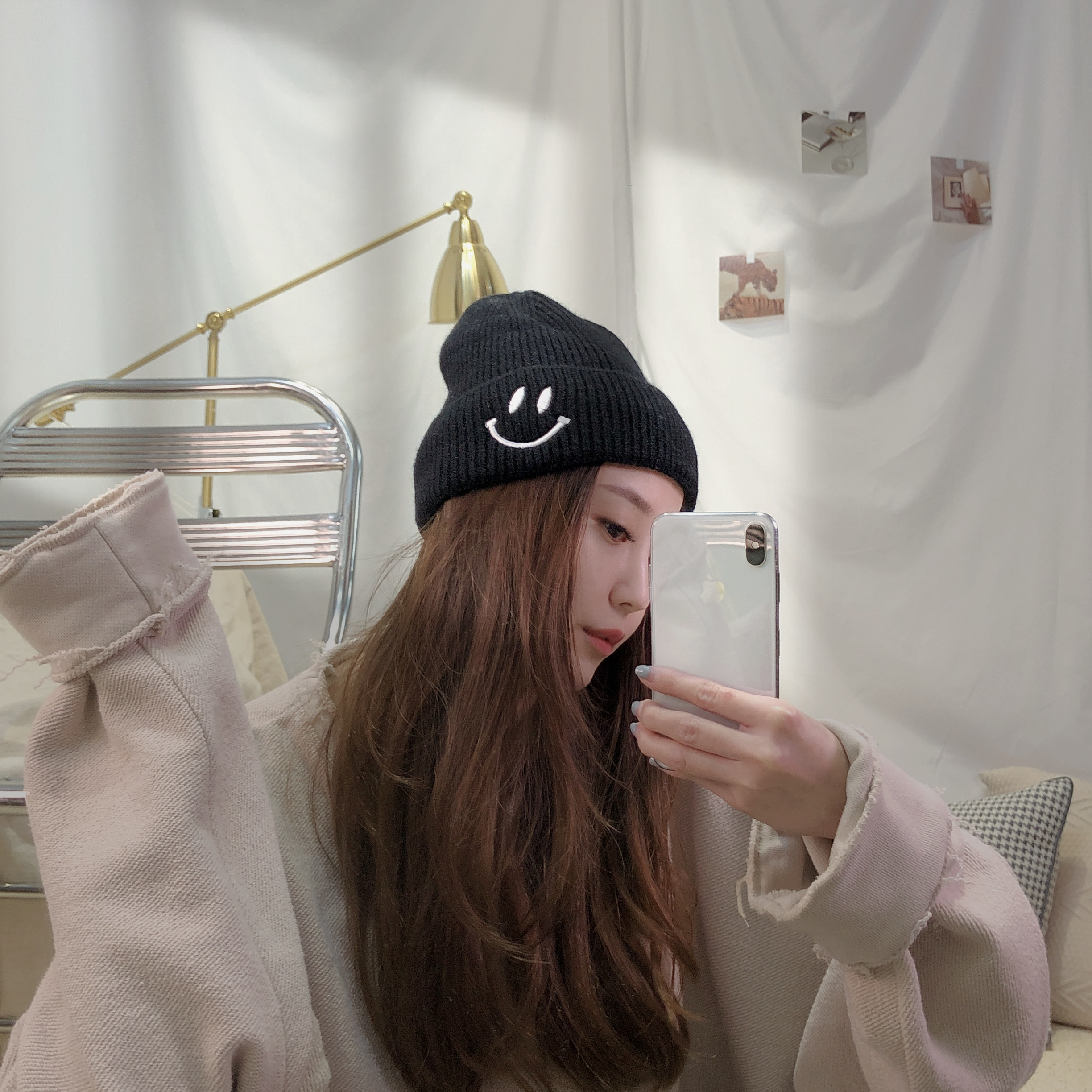 笑臉針織毛帽 /五色/黑色純笑臉