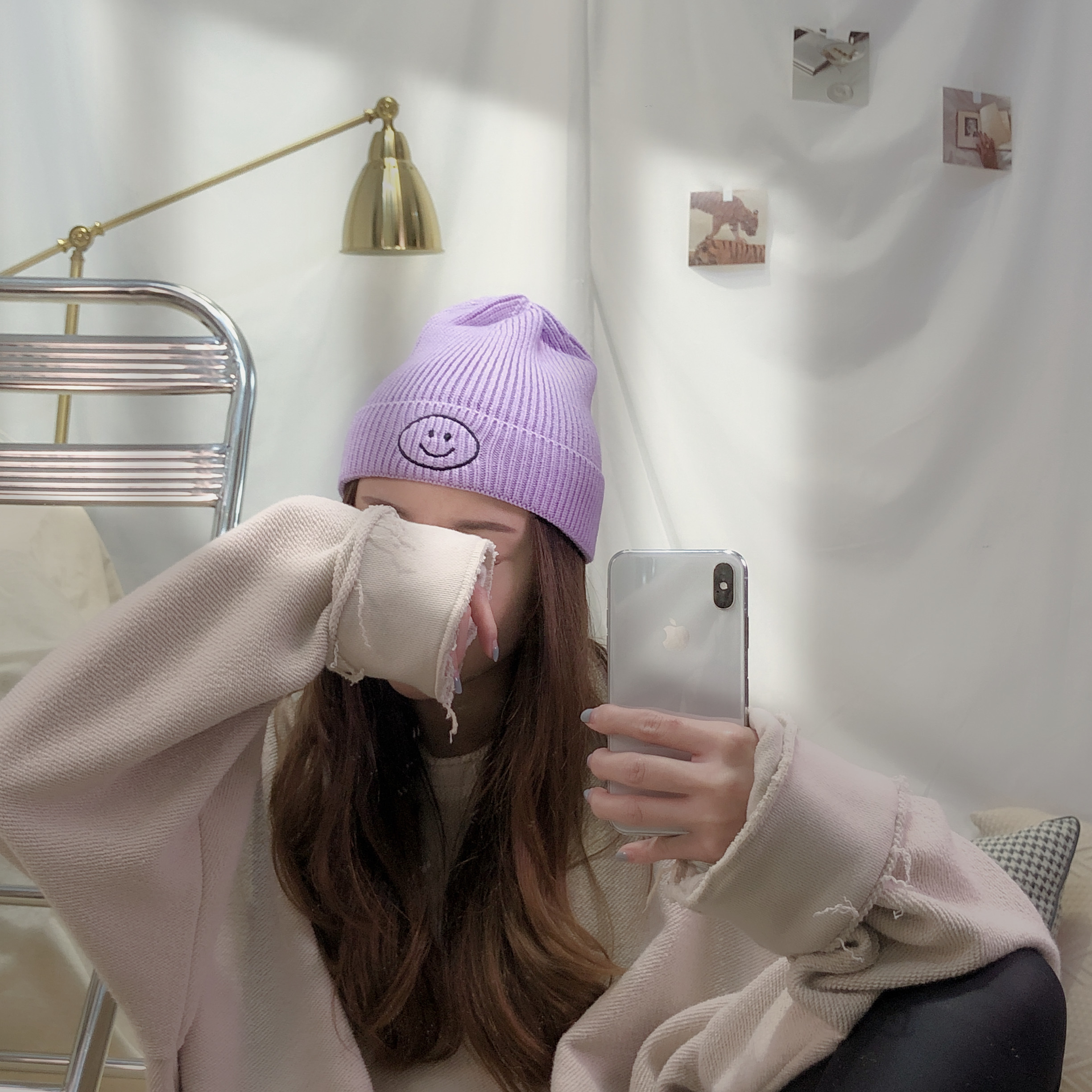 笑臉針織毛帽 /五色/黑色純笑臉