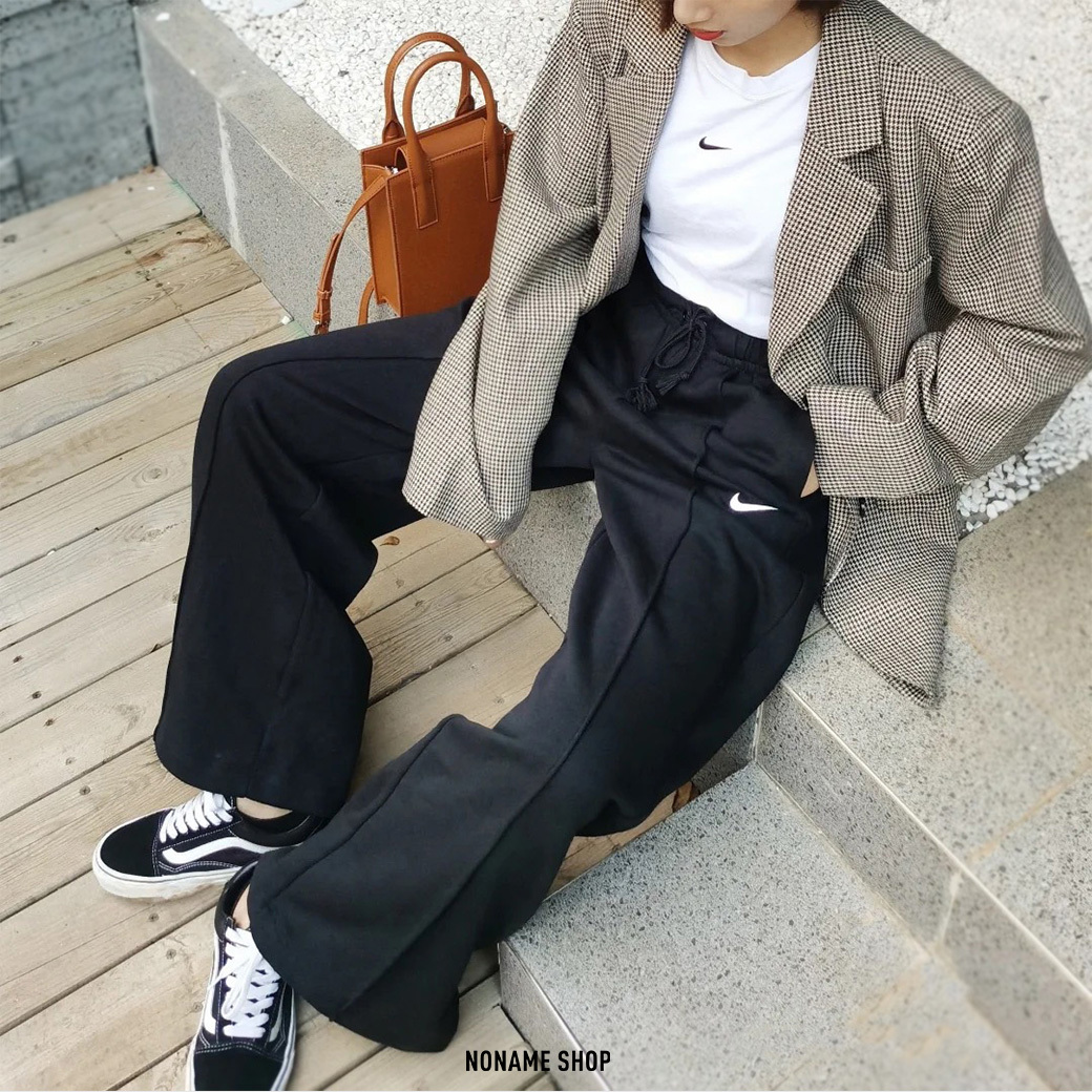 NIKE SPORTSWEAR TREND 黑 刺繡 小勾 刷毛 寬褲 長褲 休閒長褲