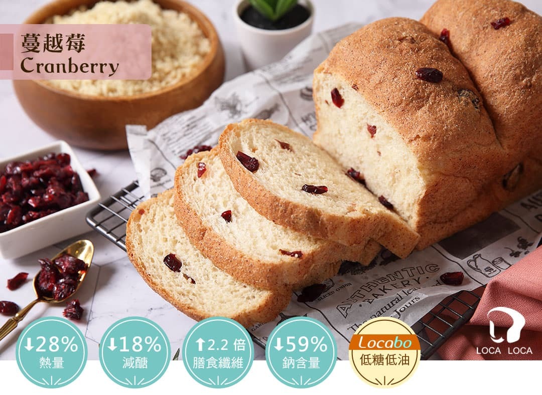 localoca減醣減卡豆渣輕吐司，超越全麥的健康好吐司，減醣、高纖、減卡，輕盈生活好簡單。(蔓越莓口味)