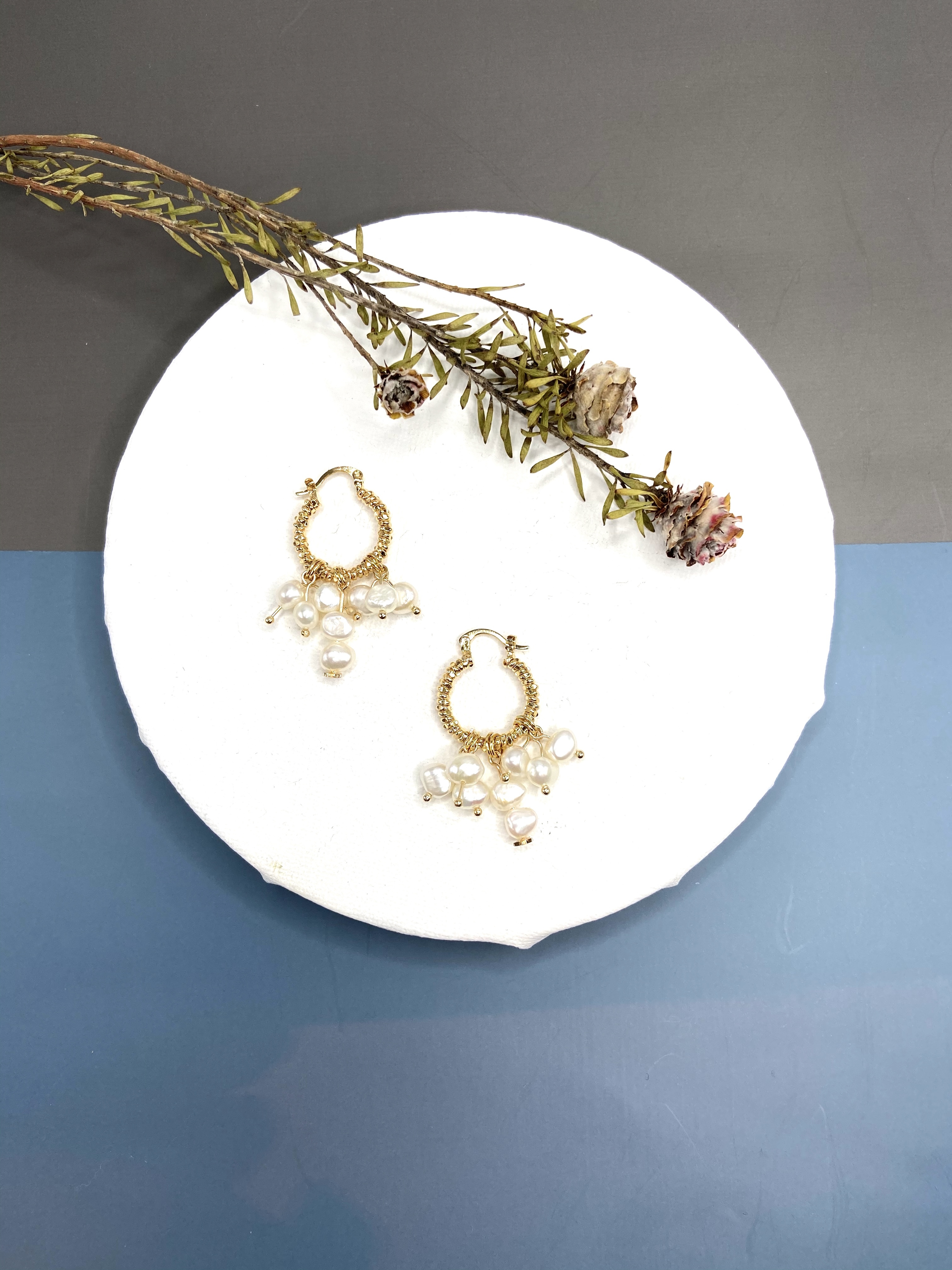 COLE COOL天然淡水珍珠14KGF耳環 不規則珍珠 淺金色高質感耳圈