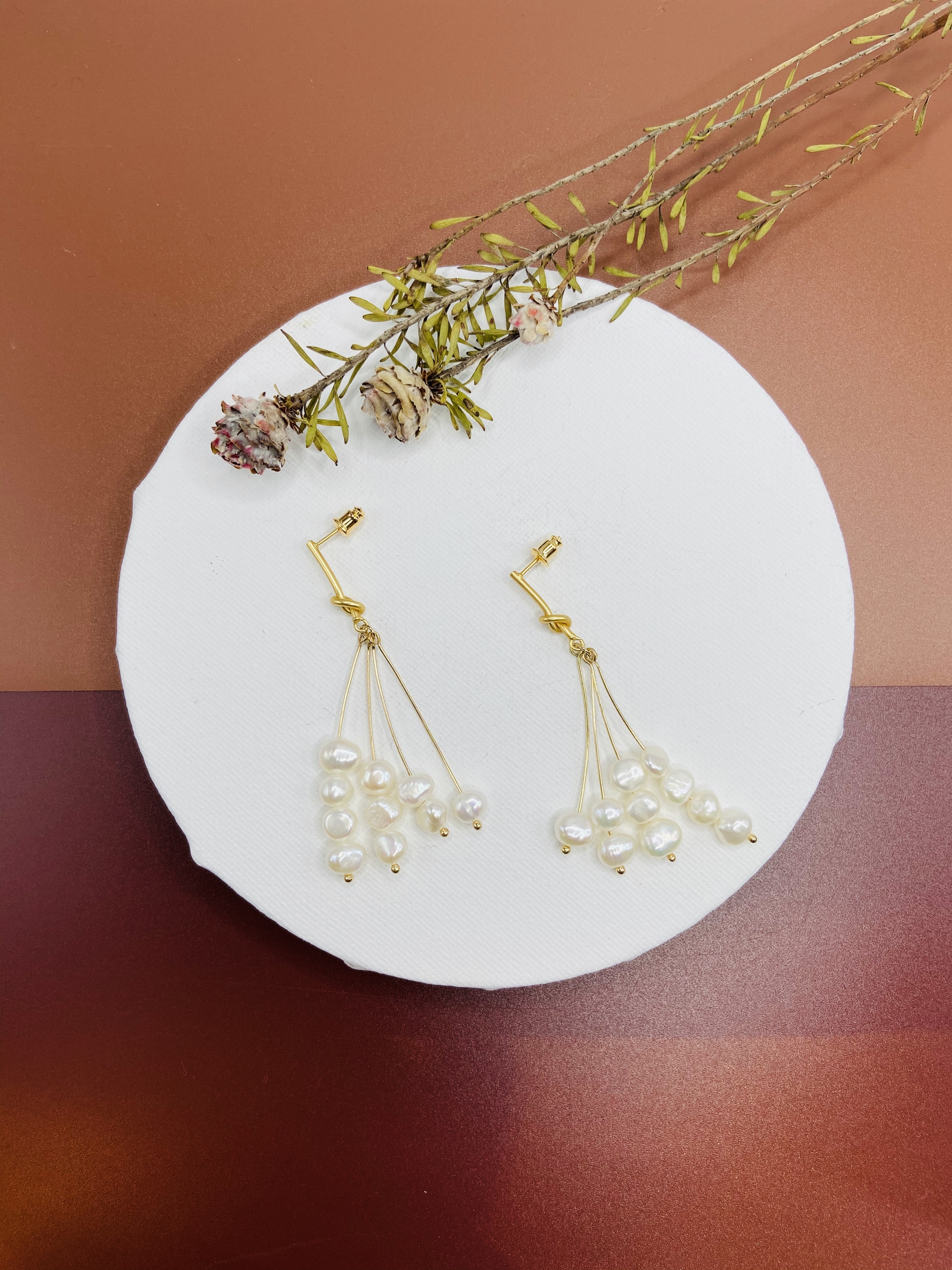 COLE COOL天然淡水珍珠14KGF扭結耳環 不規則珍珠