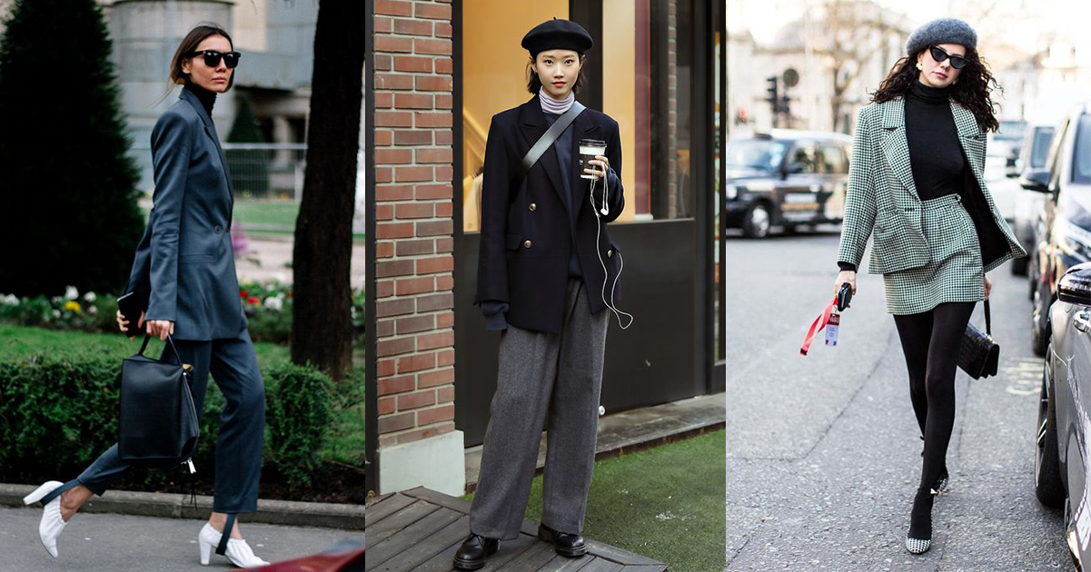 高領上衣搭配西裝外套，戴上貼耳耳環，讓飾品若隱若現，展現恰到好處的時尚