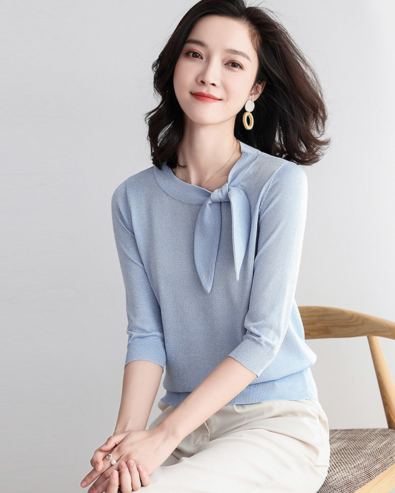 藍S/紫S【零碼出清不退換】綁帶金絲五分袖針織上衣