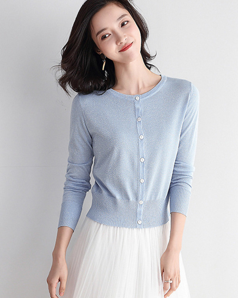 DEER.W 短版金絲針織外套上衣 藍色