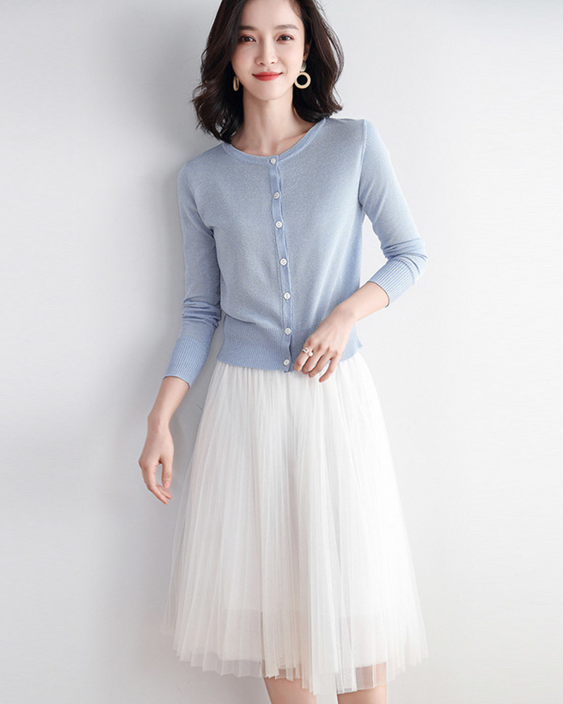 DEER.W 短版金絲針織外套上衣 藍色