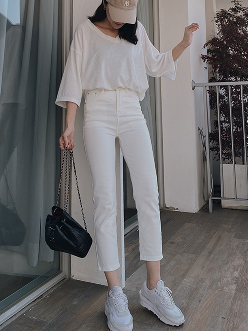 直筒高磅牛仔白褲