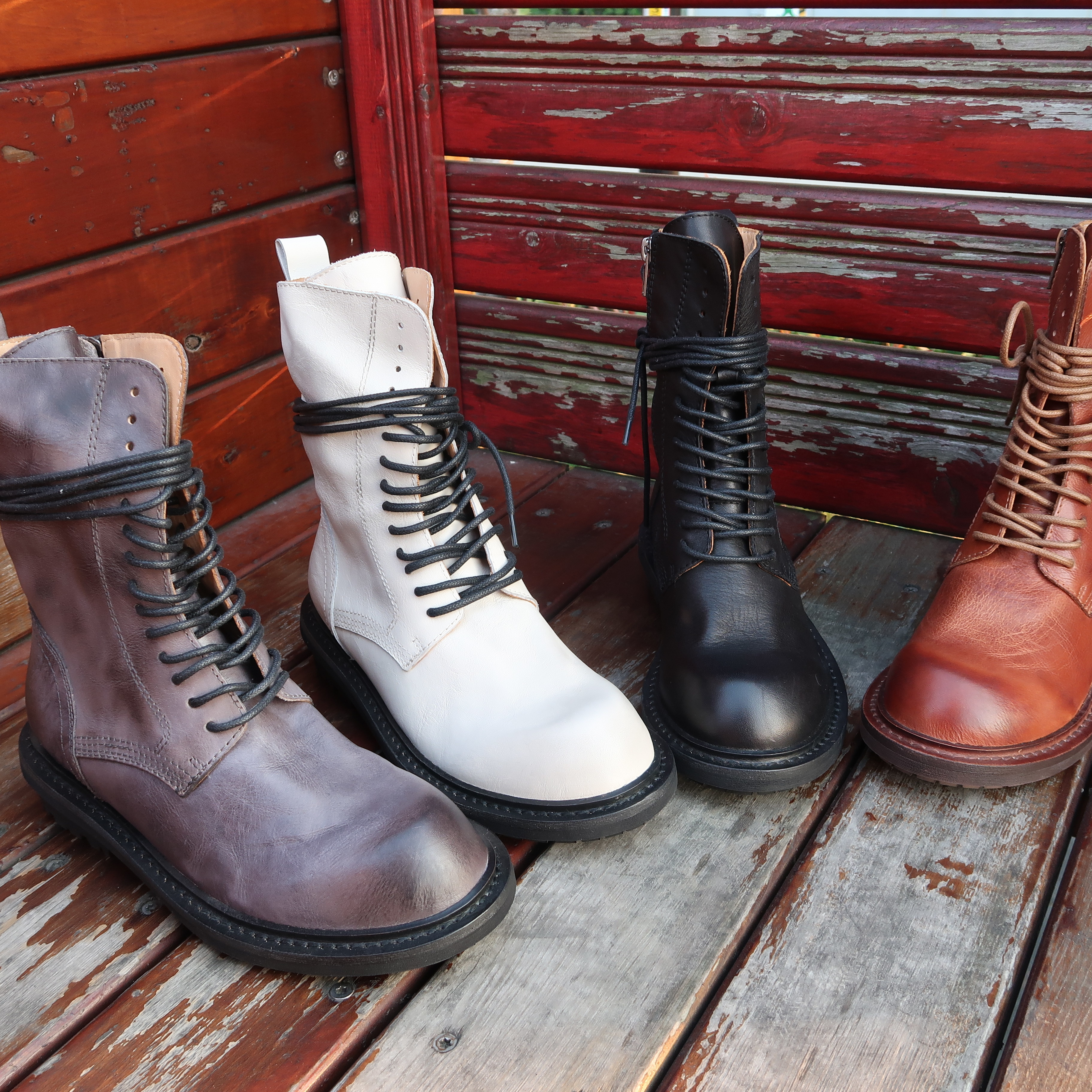【龐克文化】真皮牛皮綁帶平底軍靴、馬丁靴短靴