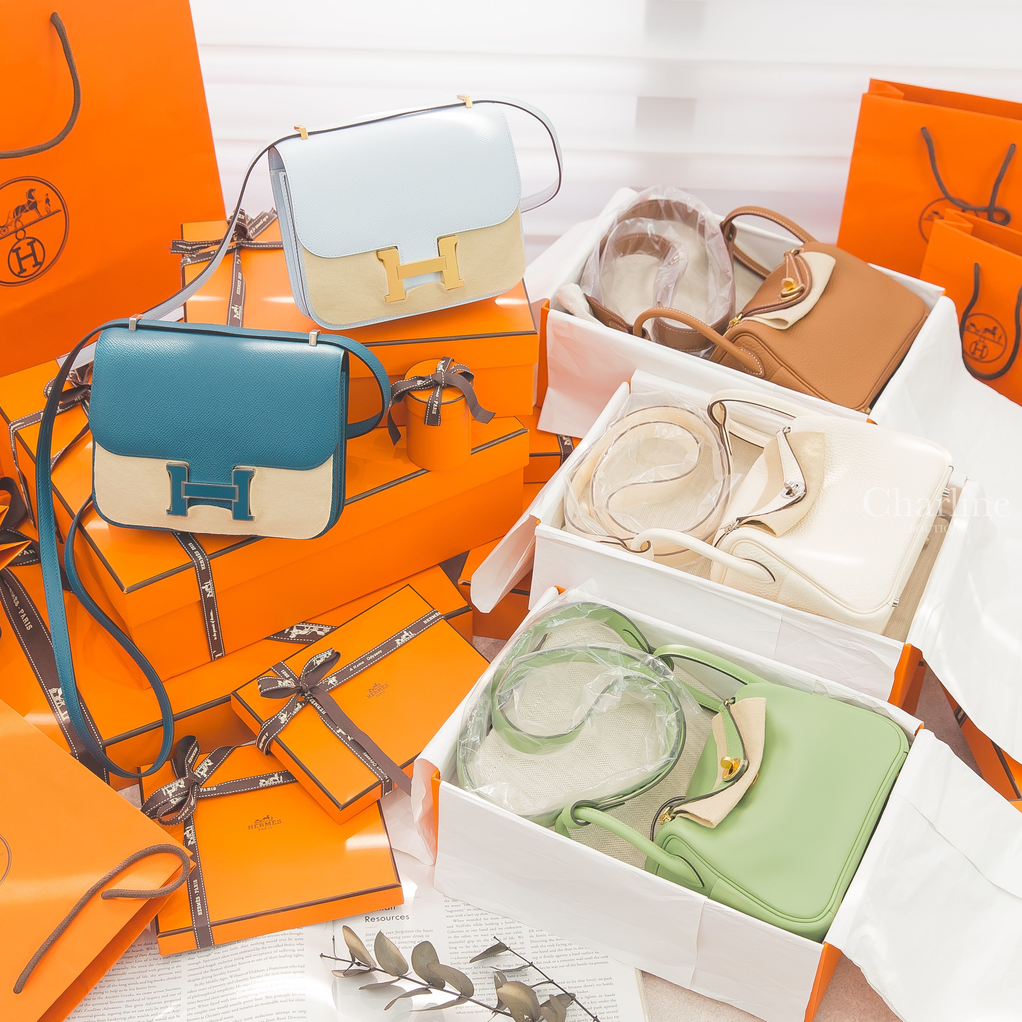 Hermès Lindy Mini 焦糖色金釦,Lindy Mini 牛油果綠金釦,Lindy Mini 奶油白銀釦,Mini Constance 霧藜藍金釦,Constance 博斯普魯斯綠珐瑯釦,-Charline Boutique 精品代購