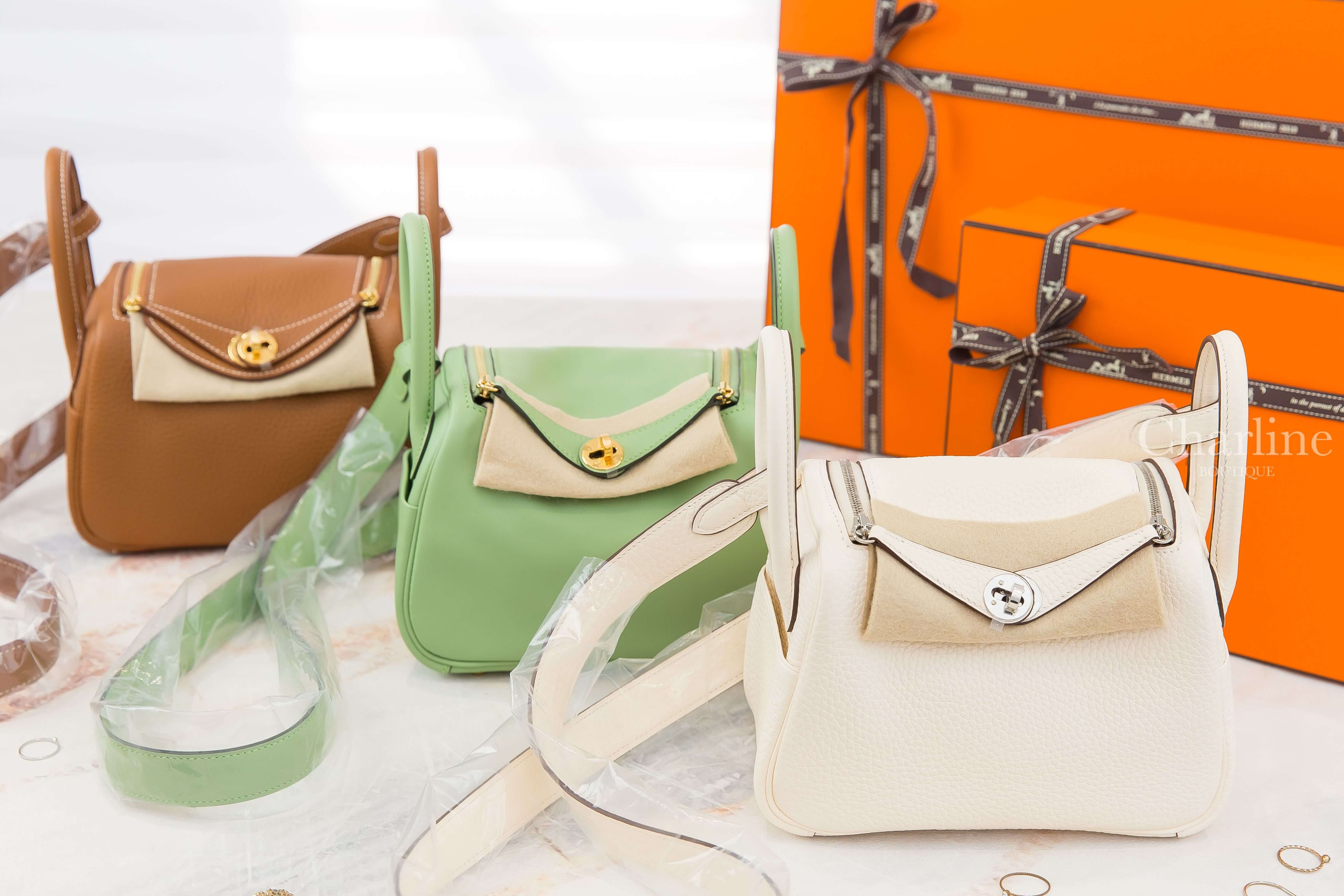 Hermès Lindy Mini 37 焦糖色金釦,Hermès Lindy Mini 3I 牛油果綠金釦,Hermès Lindy Mini I2 奶油白銀釦-Charline Boutique 精品代購