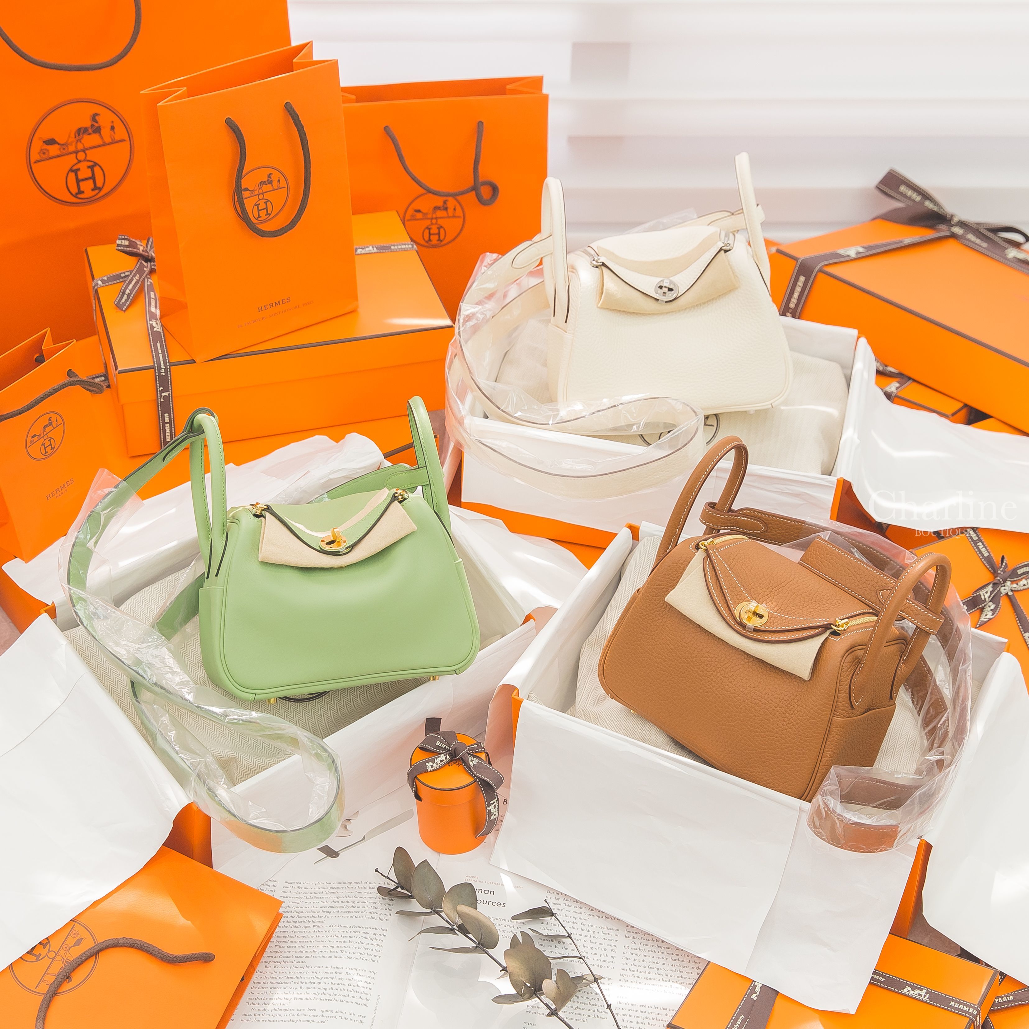Hermès Lindy Mini 37 焦糖色金釦,Hermès Lindy Mini 3I 牛油果綠金釦,Hermès Lindy Mini I2 奶油白銀釦-Charline Boutique 精品代購