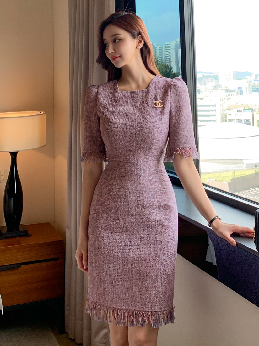 [現貨] 抓鬚收腰香香風洋裝(紫色) [ S ]