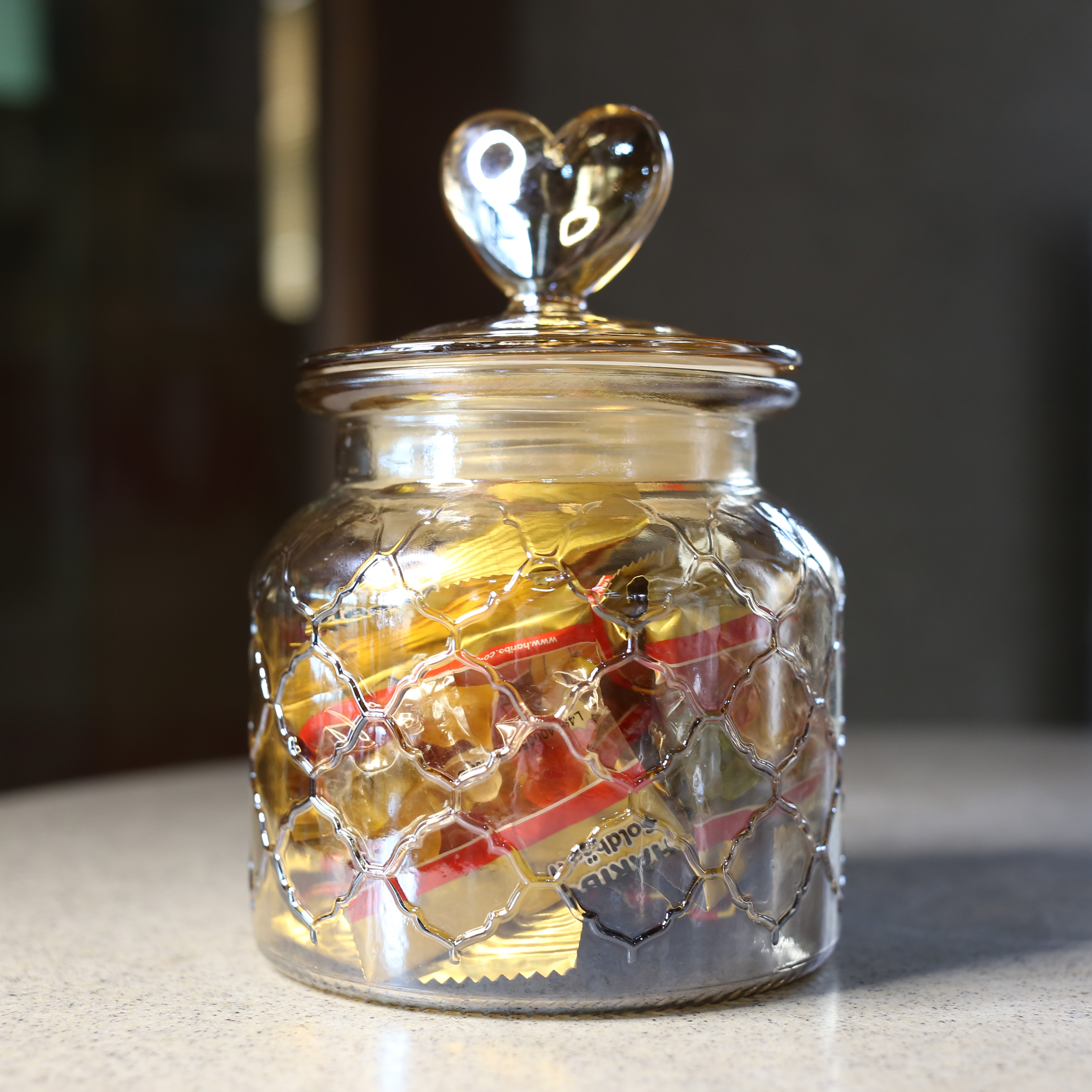 琥珀色愛心網格玻璃密封罐 |儲物罐 | 零食瓶