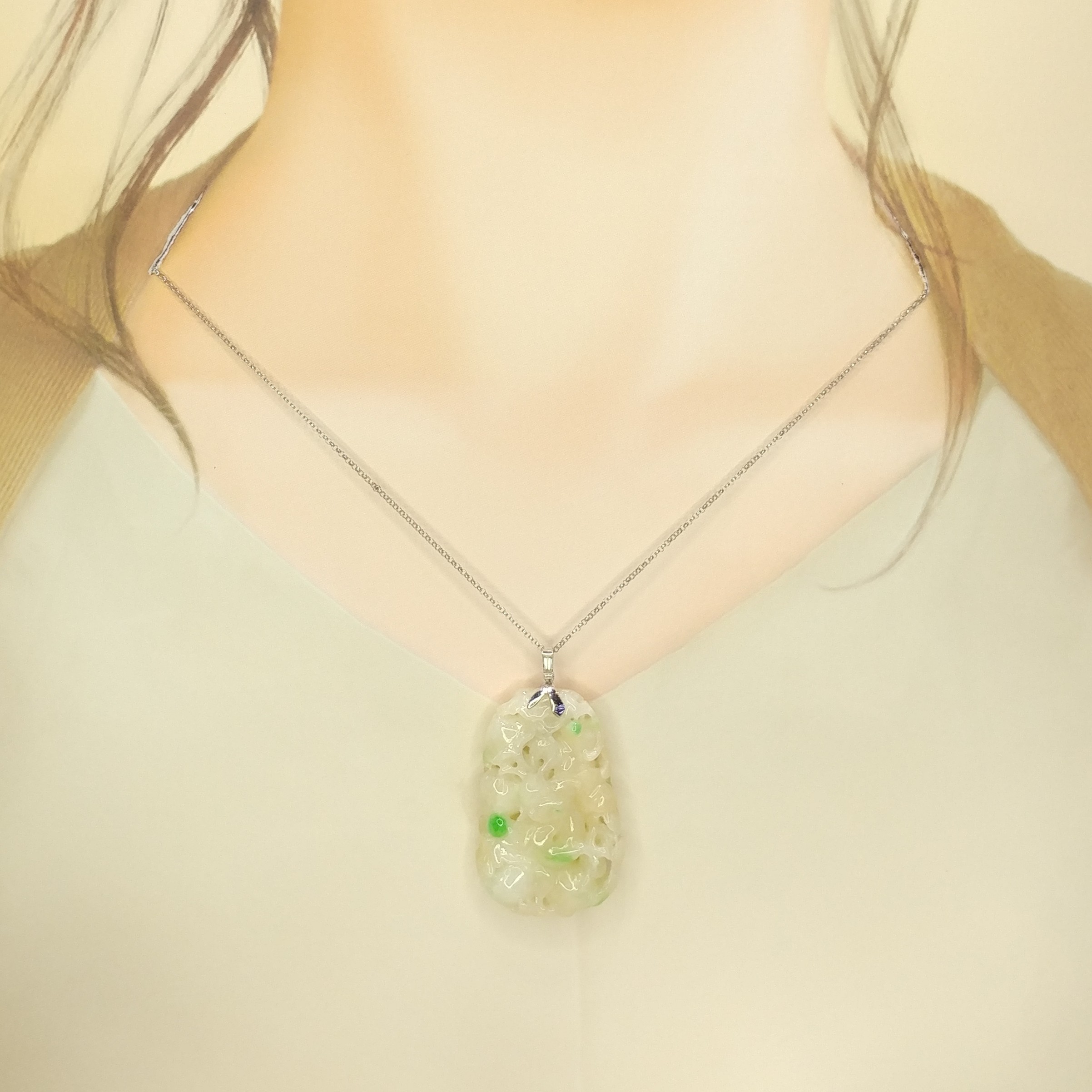 全新18K白金6份鑽石翡翠吊墜