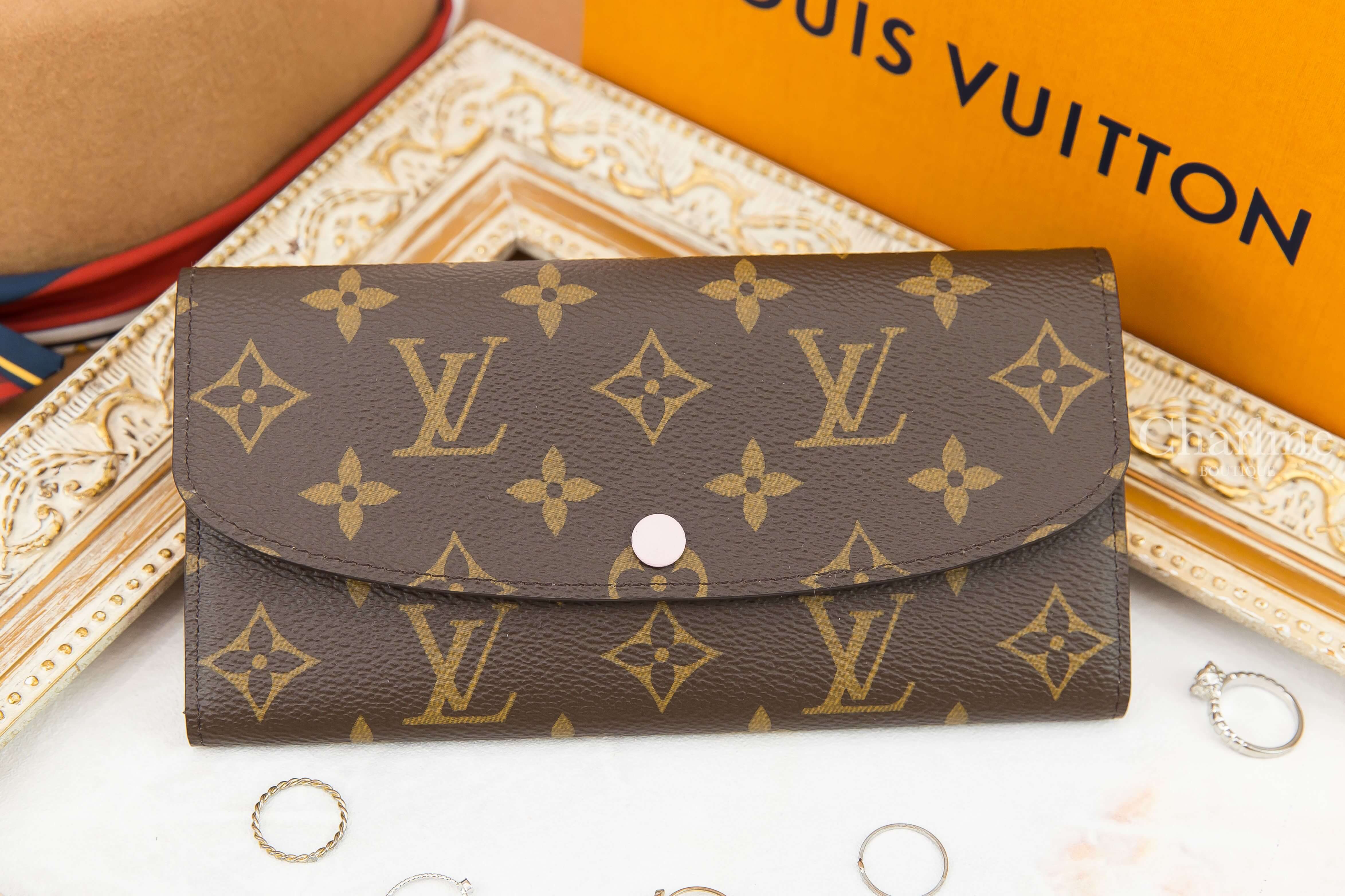 Louis Vuitton Emilie Wallet 咖啡色老花玫瑰粉內裡釦式長夾