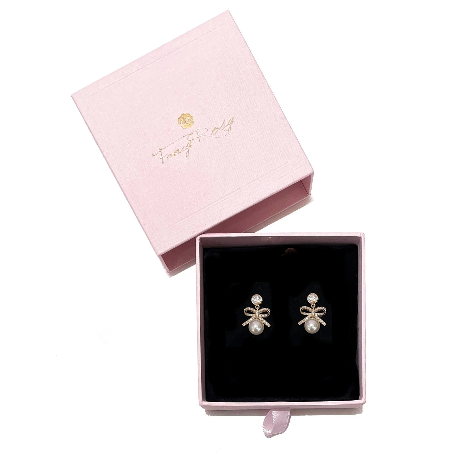 925 Sterling Silver Crystal Bow Pearl Earrings (Light Gold)