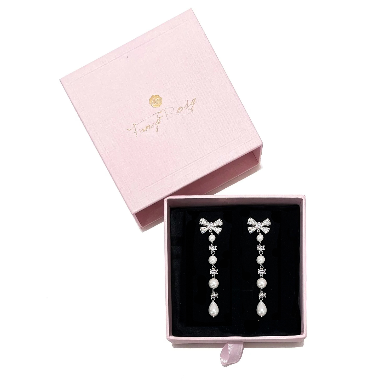 925 Sterling Silver Crystal Bow Pearl Dropping Earrings (Silver)