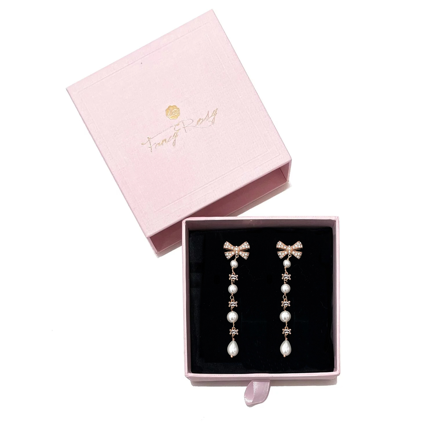 925 Sterling Silver Crystal Bow Pearl Dropping Earrings (Rose Gold)