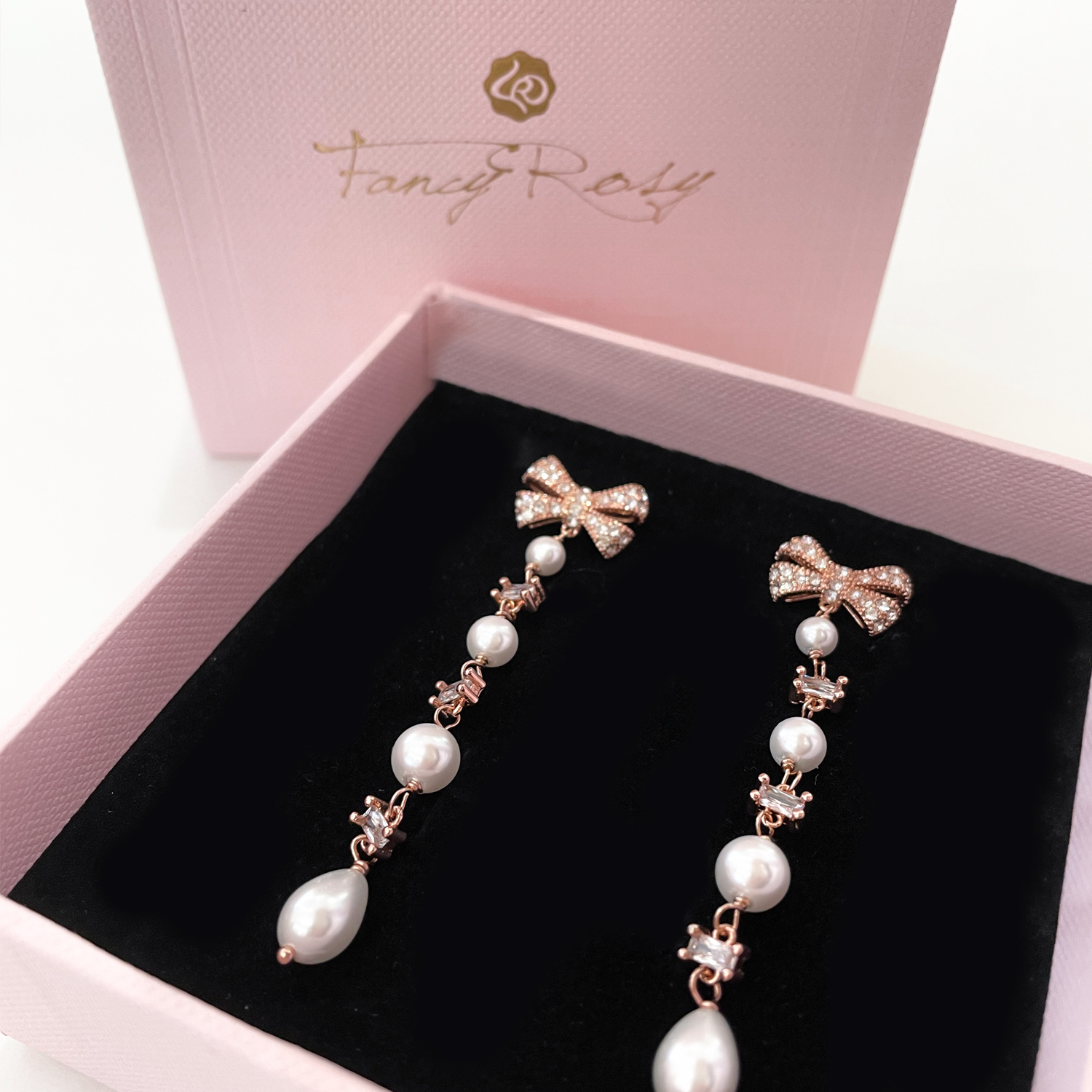 925 Sterling Silver Crystal Bow Pearl Dropping Earrings (Rose Gold)