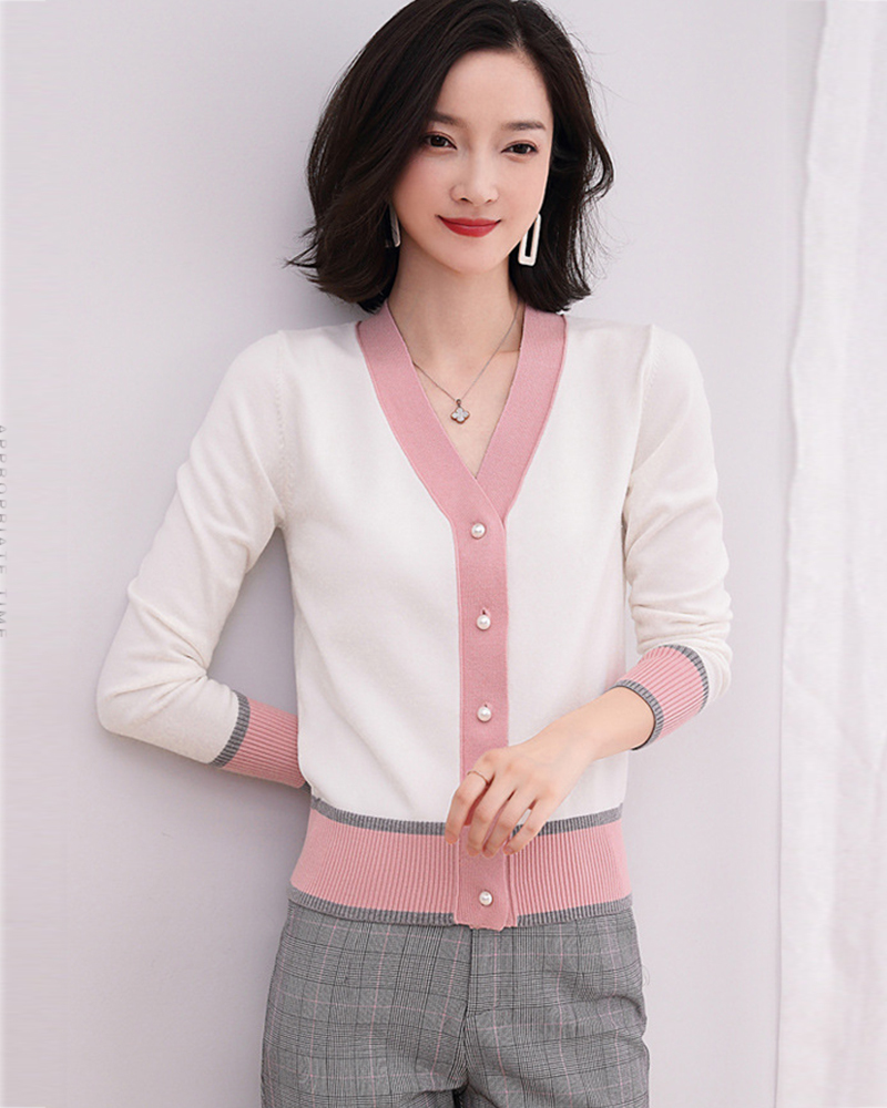 白M【零碼出清不退換】V領珠釦配色針織外套