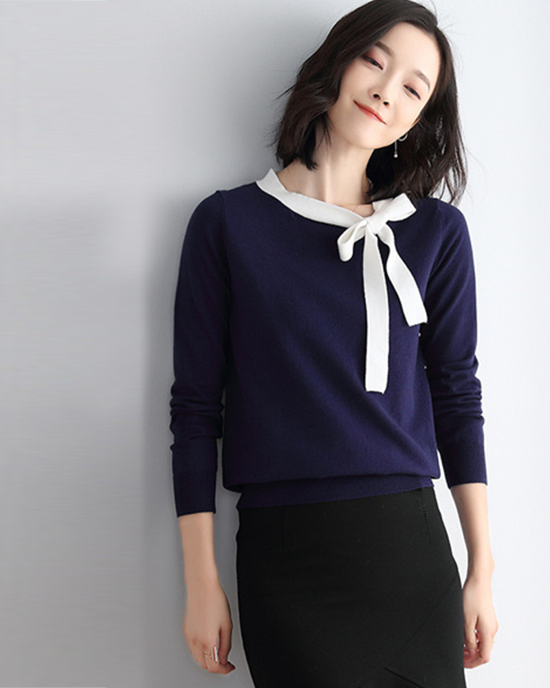 藏青S/藏青XL【零碼出清不退換】配色蝴蝶結繫帶針織上衣