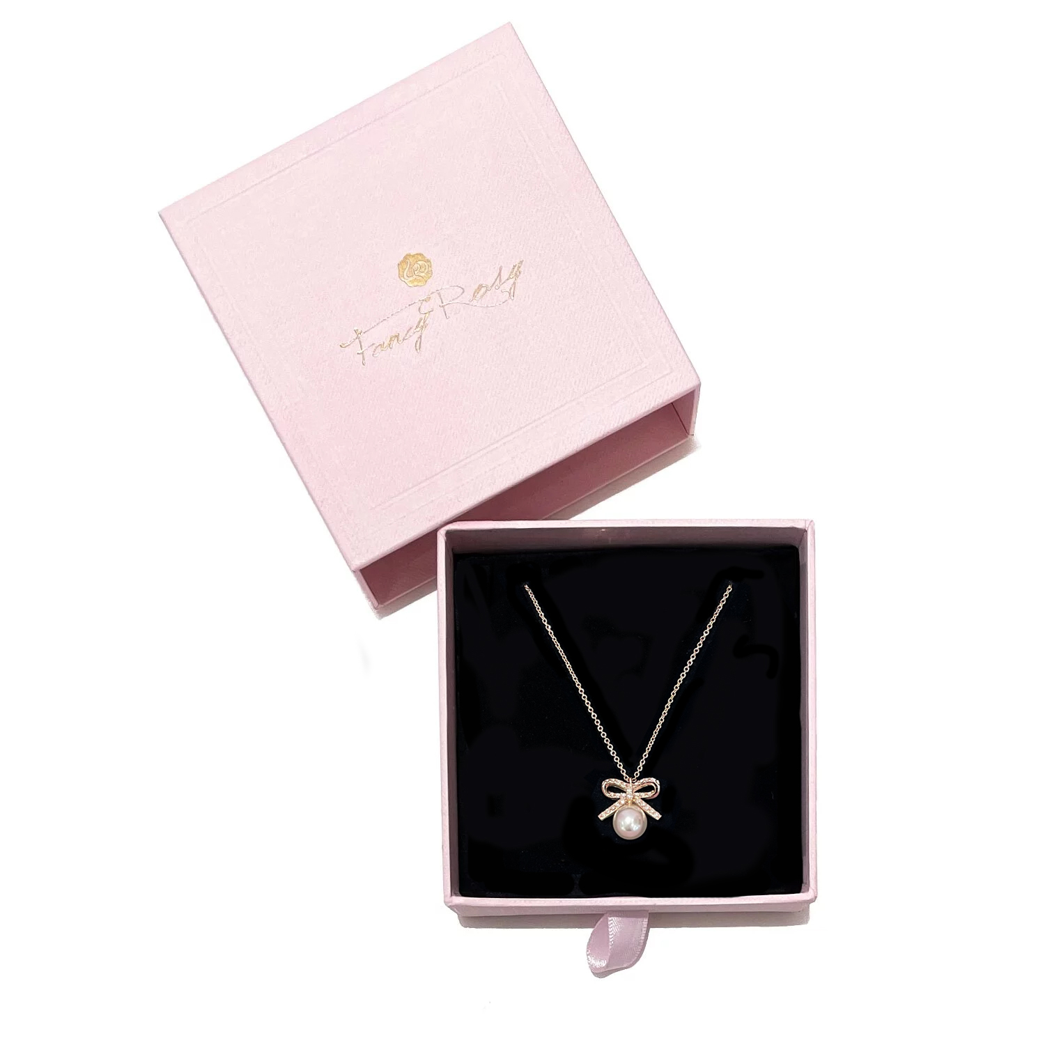 Pearl Crystal Bow Necklace (Light Gold)