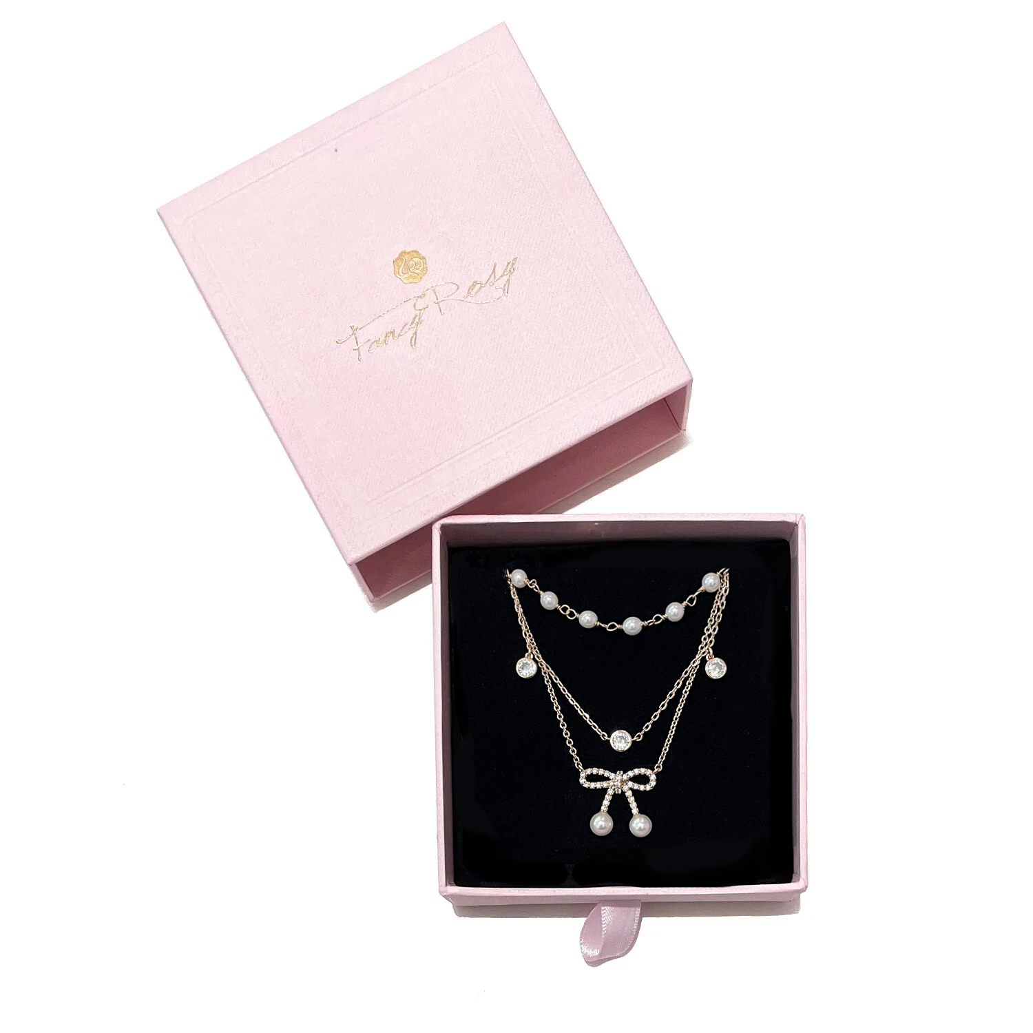 Layered Crystal Bow and Pearl Necklace (Light Gold)