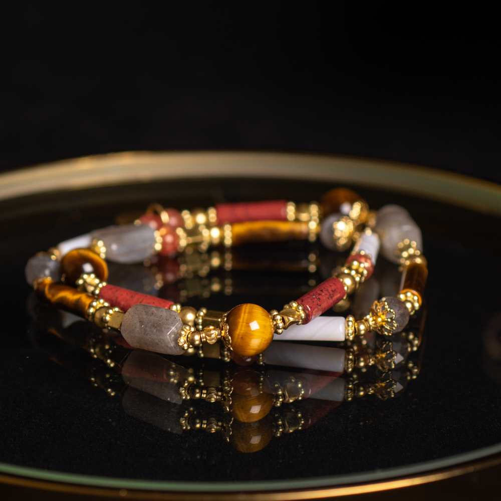 春聯上的喜事｜珠貝紅碧玉黃虎眼雙圈手鍊 C1352