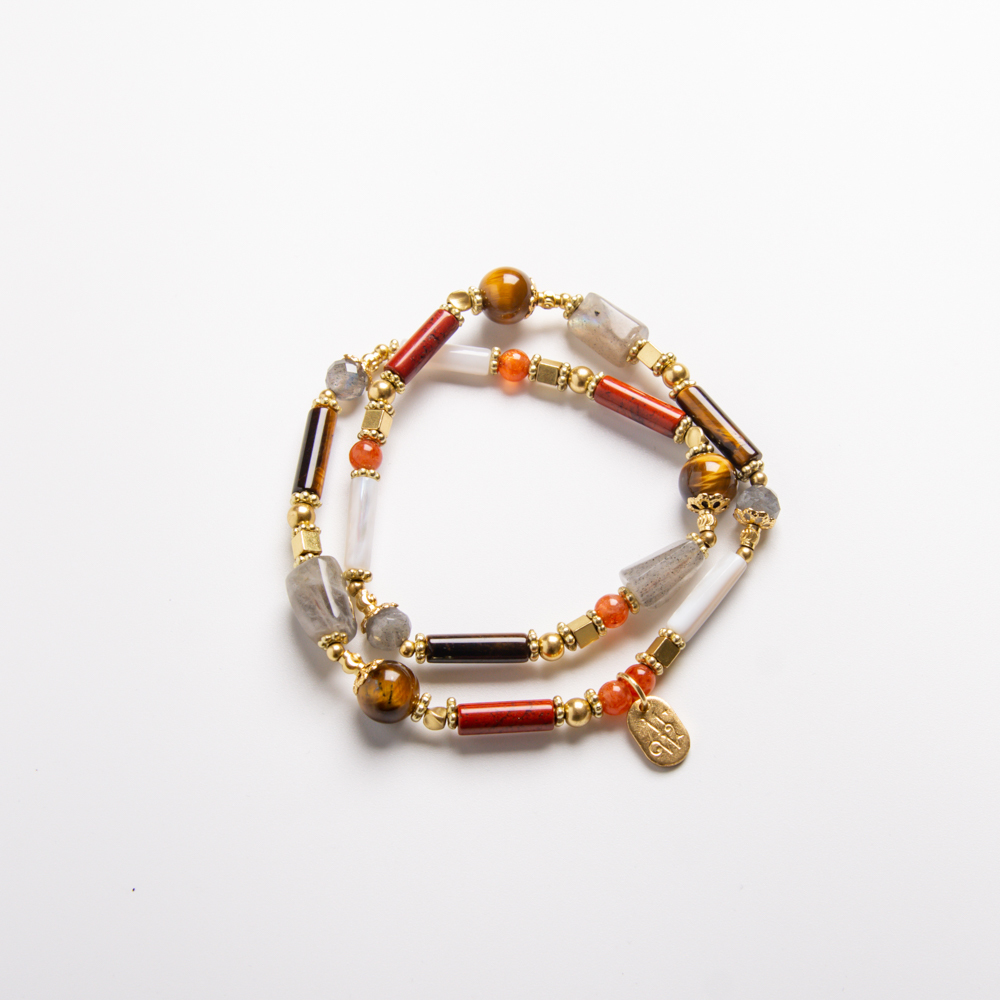 春聯上的喜事｜珠貝紅碧玉黃虎眼雙圈手鍊 C1352