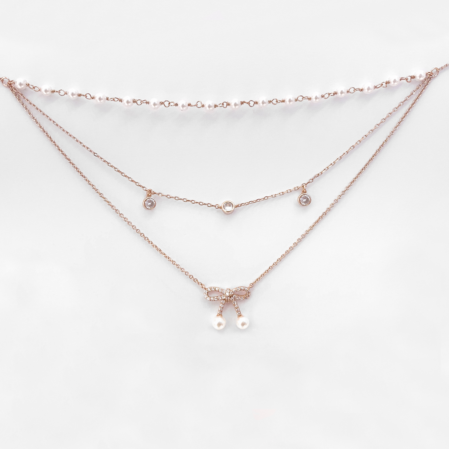 Layered Crystal Bow and Pearl Necklace (Light Gold)