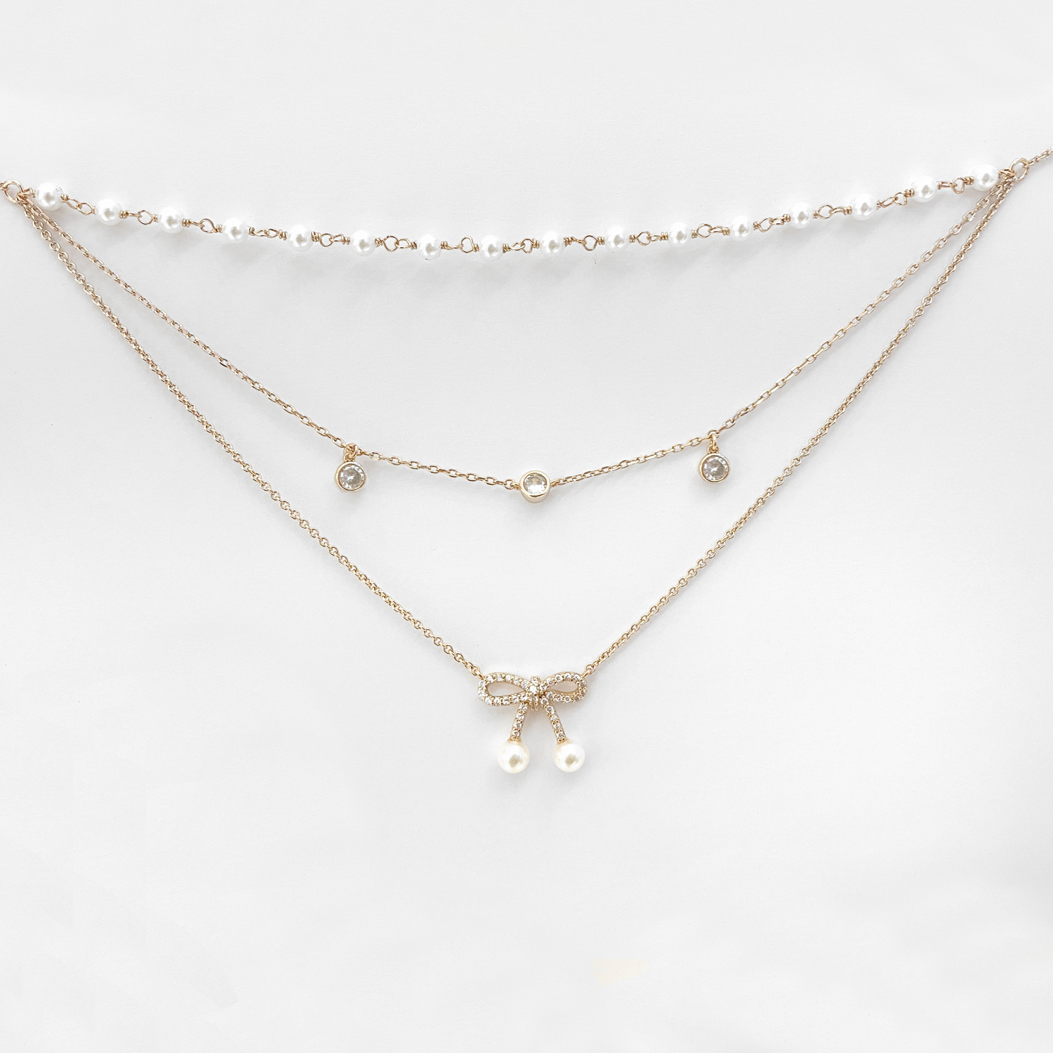 Layered Crystal Bow and Pearl Necklace (Light Gold)