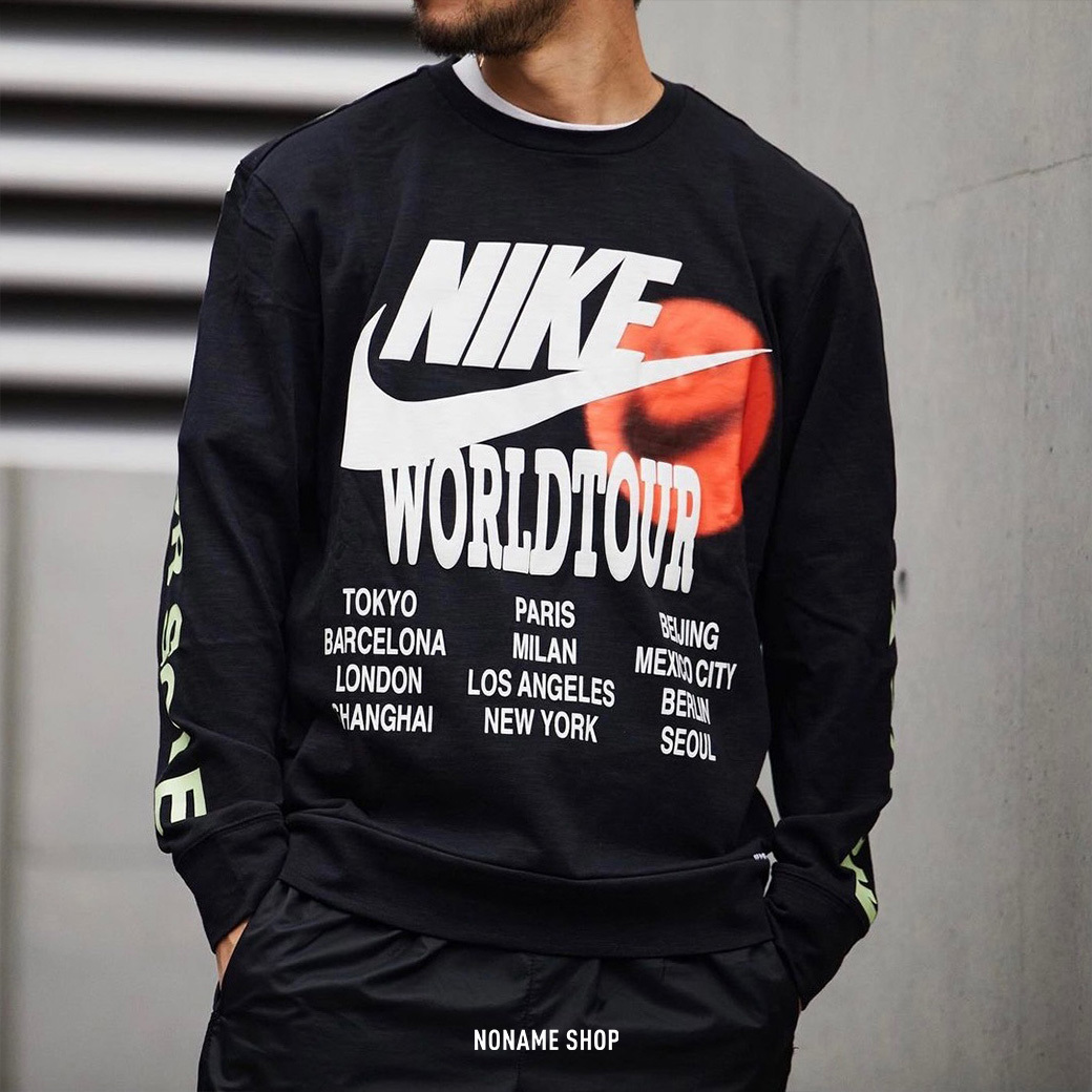NIKE NSW LS TOP WORLDTOUR 文字 微笑 世界 竹節棉 夜光 長T 黑