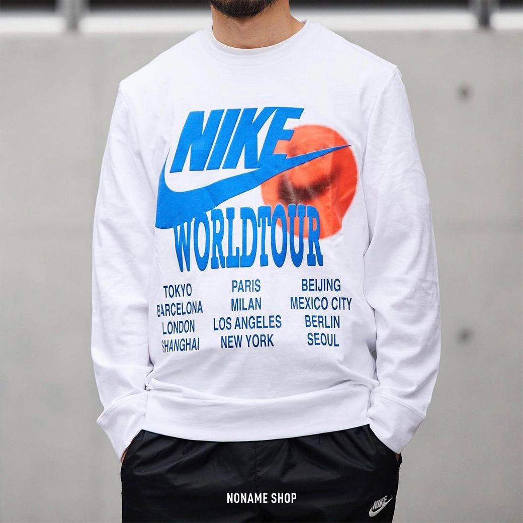 NIKE NSW LS TOP WORLDTOUR 文字 微笑 世界 竹節棉 夜光 長T 白