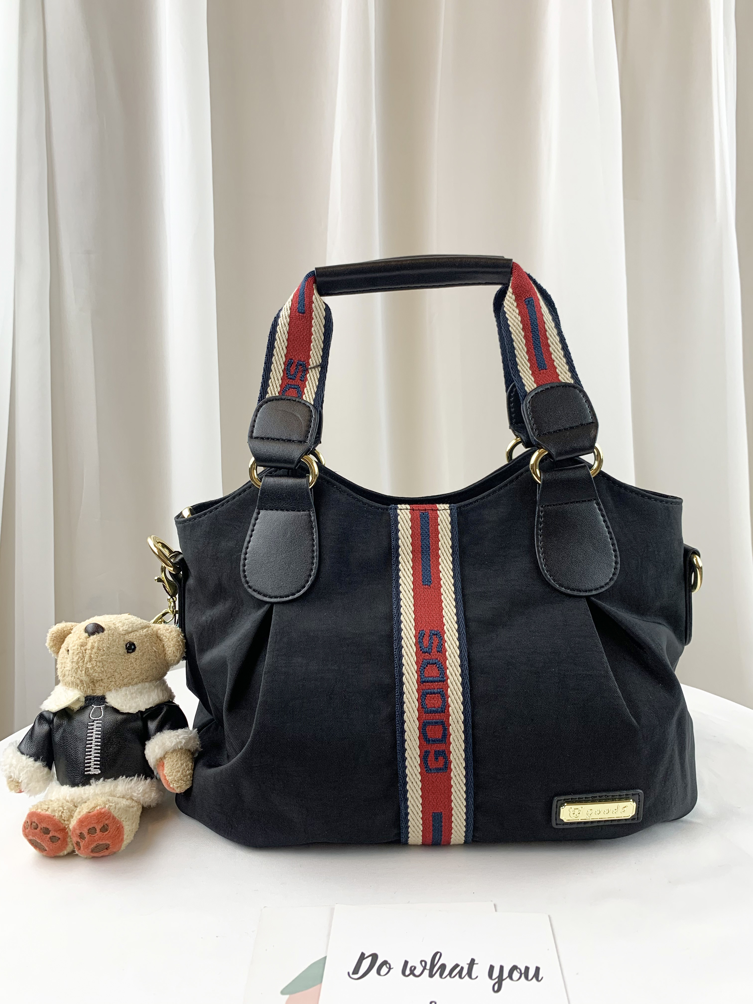 GOODS 織帶黑 防潑水迷你手提包 / 側背包 附小熊吊飾  #2131