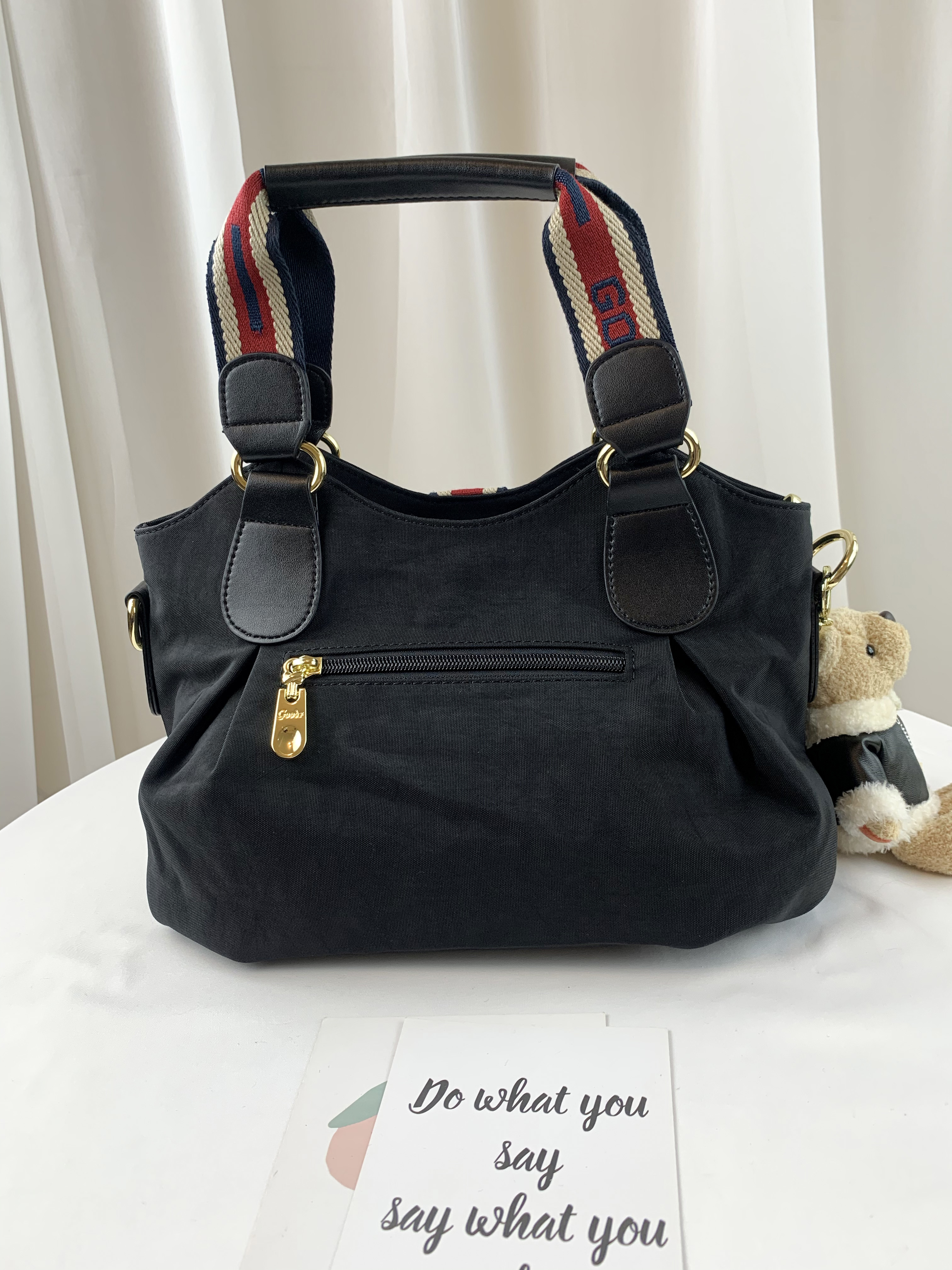 GOODS 織帶黑 防潑水迷你手提包 / 側背包 附小熊吊飾  #2131