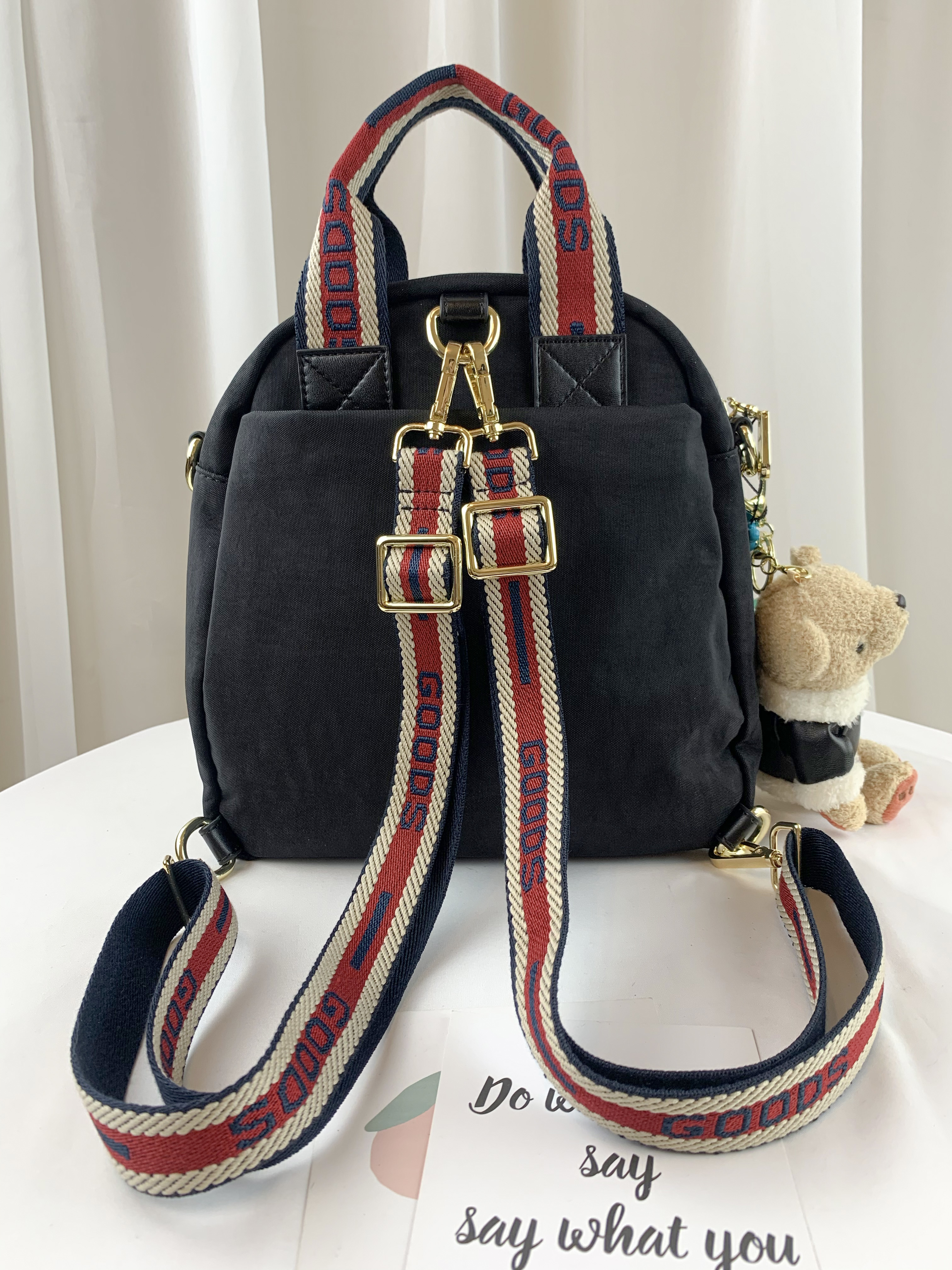 GOODS 織帶黑 防潑水三用後背包 / 側背包 / 手提包  附小熊吊飾  #2750