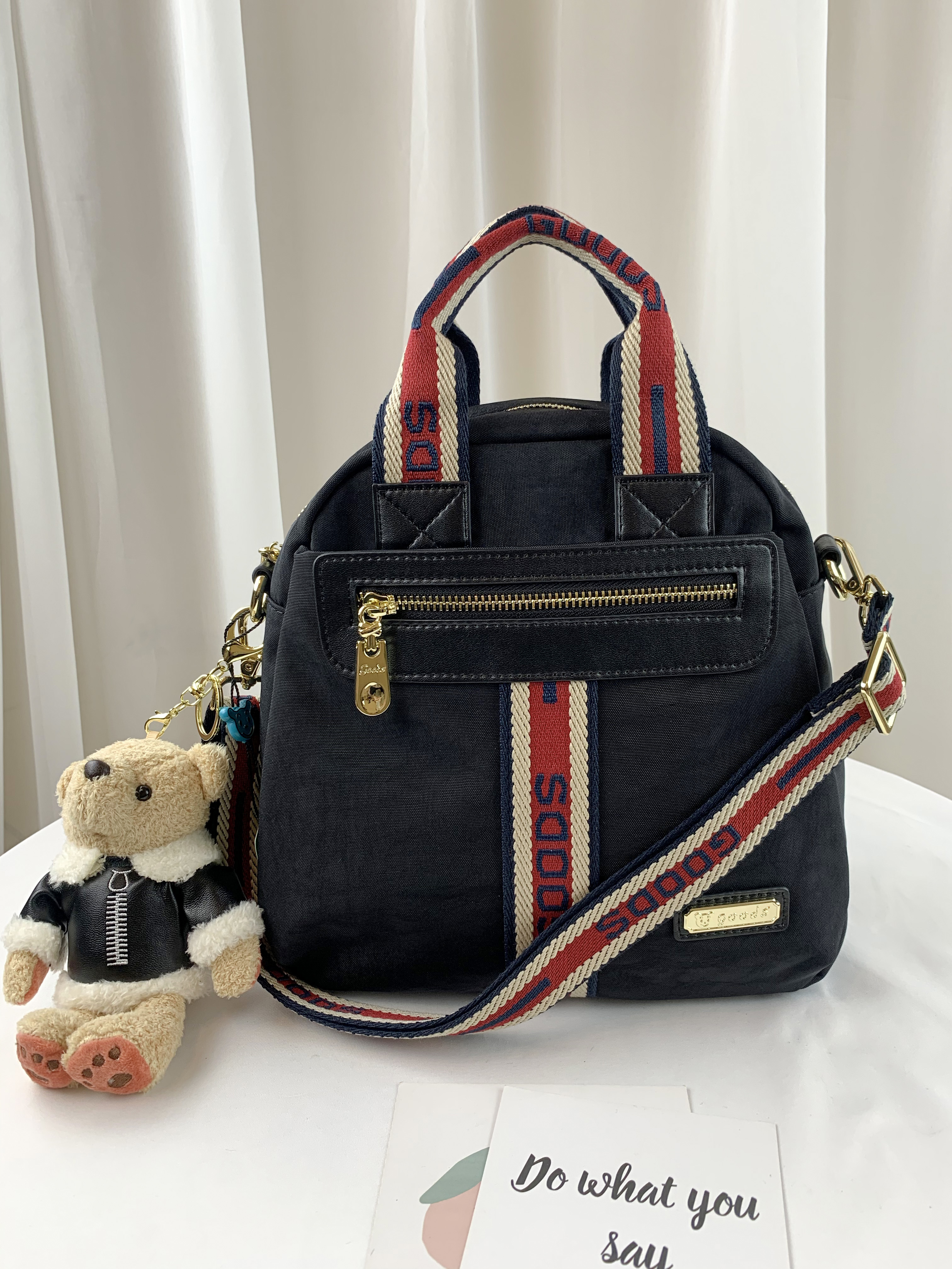 GOODS 織帶黑 防潑水三用後背包 / 側背包 / 手提包  附小熊吊飾  #2750