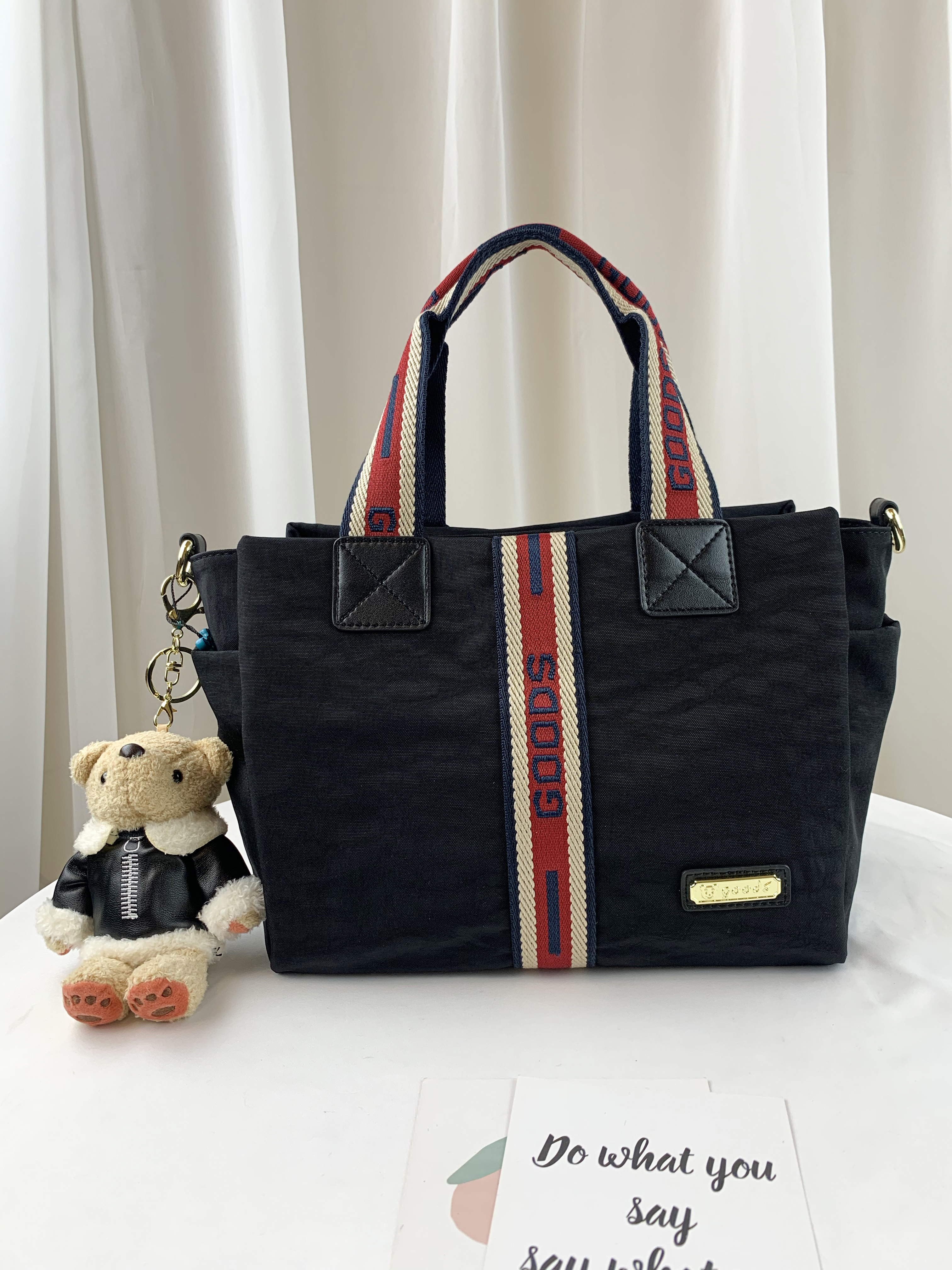 GOODS 織帶黑 丹寧防潑水手提包 / 側背包  附小熊吊飾  #2751