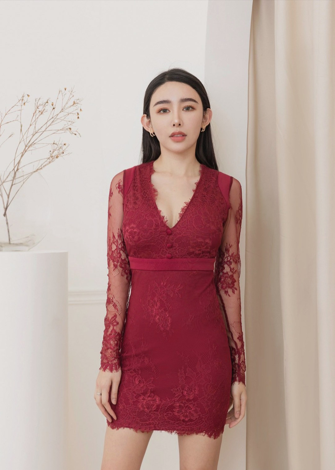 ⭒訂製-性感深Ｖ透視蕾絲合身洋