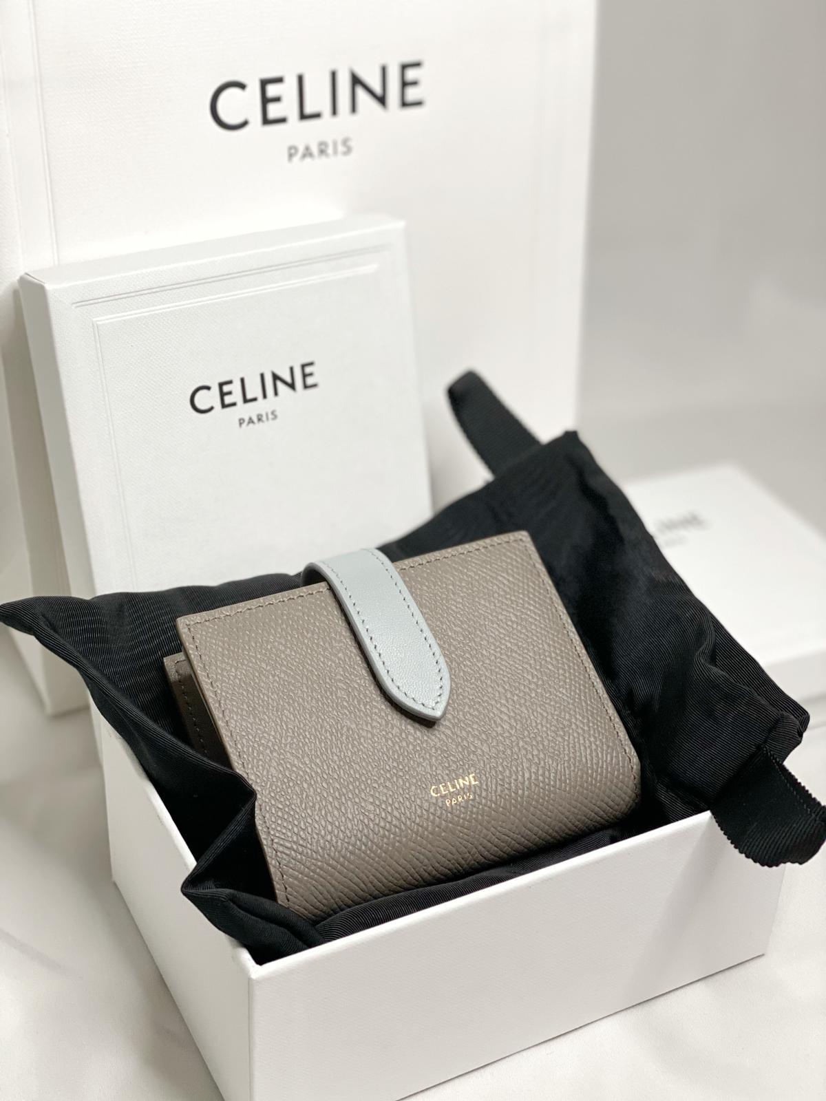 Shop CELINE Strap Small strap wallet in bicolour grained calfskin  (10H263BRU.10PI, 10H263BRU.10GV) by ハギワラの森