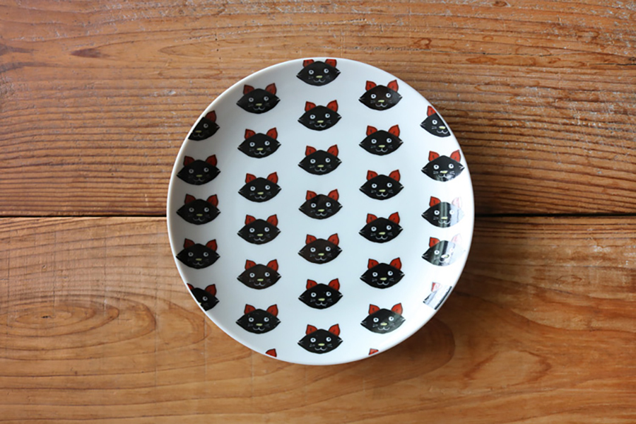 九谷燒-丸皿/黑貓整列